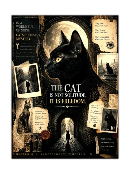 Black cat poster with full moon, vintage papers, and shadowy city collage details