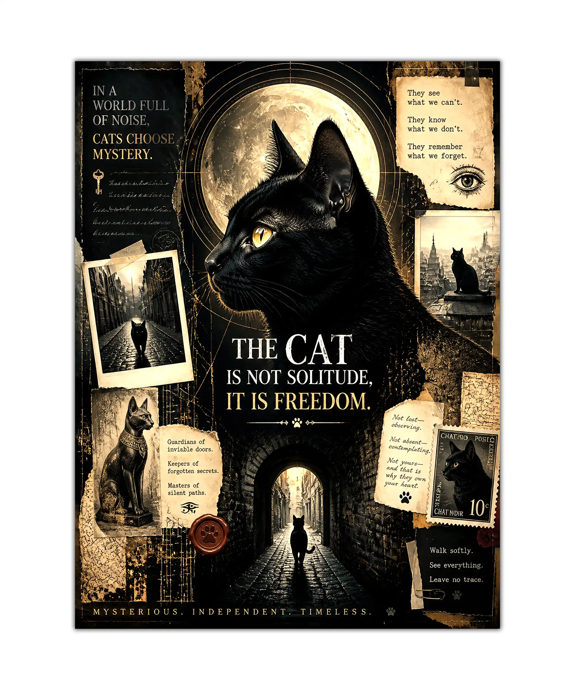 Midnight Mystery Cat Poster 1 painting Black cat poster with full moon, vintage papers, and shadowy city collage details