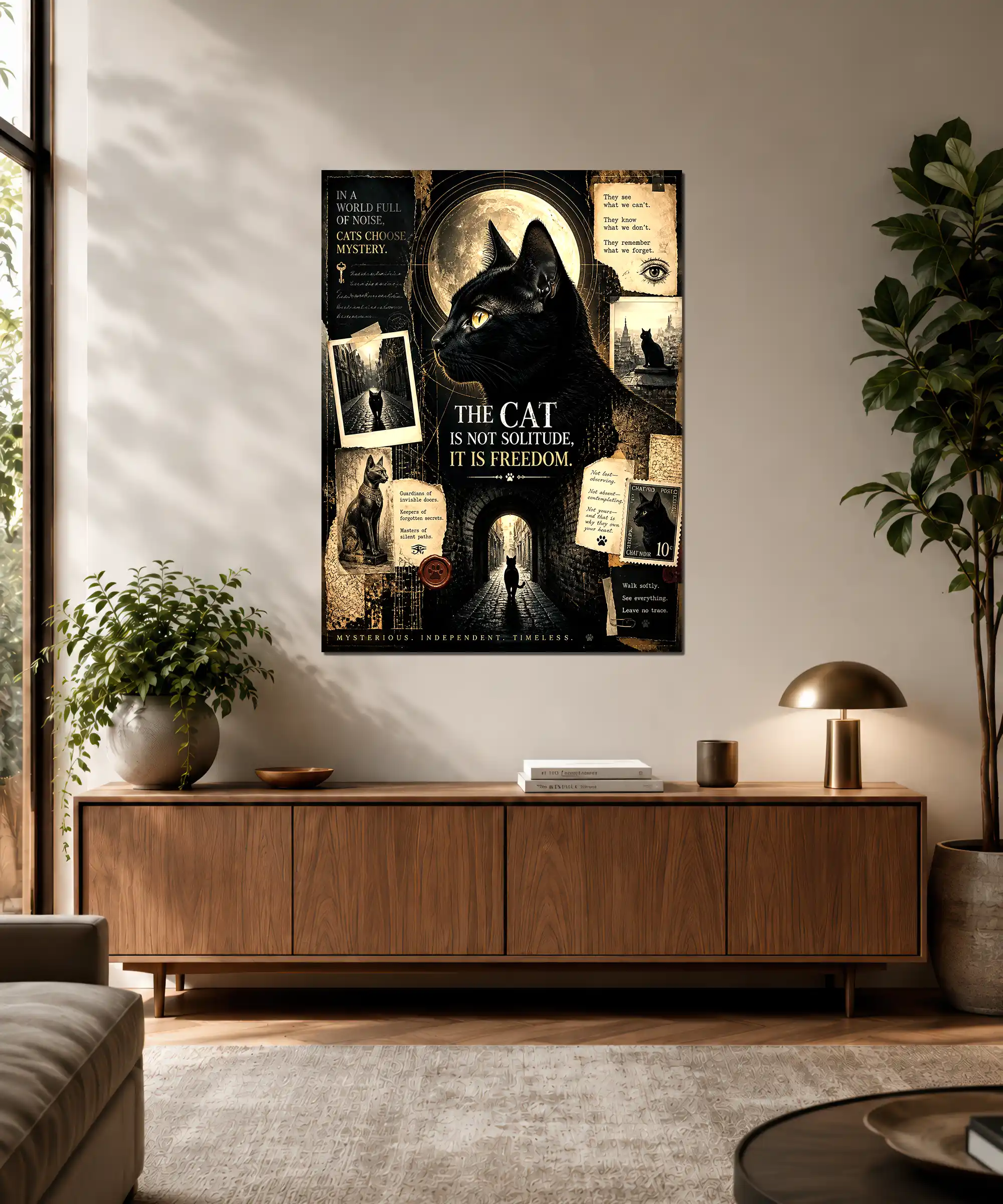 Midnight Mystery Cat Poster 3 painting Black cat vintage poster displayed in an interior with dark gothic collage styling