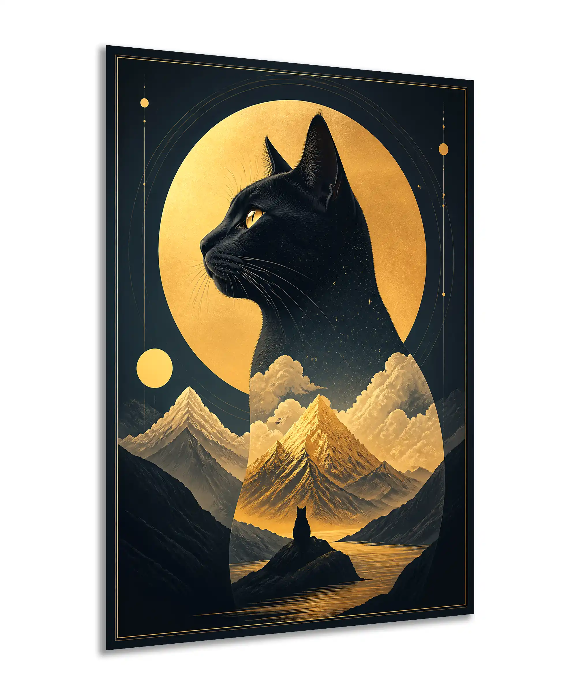 Moonlit Cat Aesthetic Poster 2 painting Angled moonlit cat poster featuring golden mountains, a lake, and cosmic night details