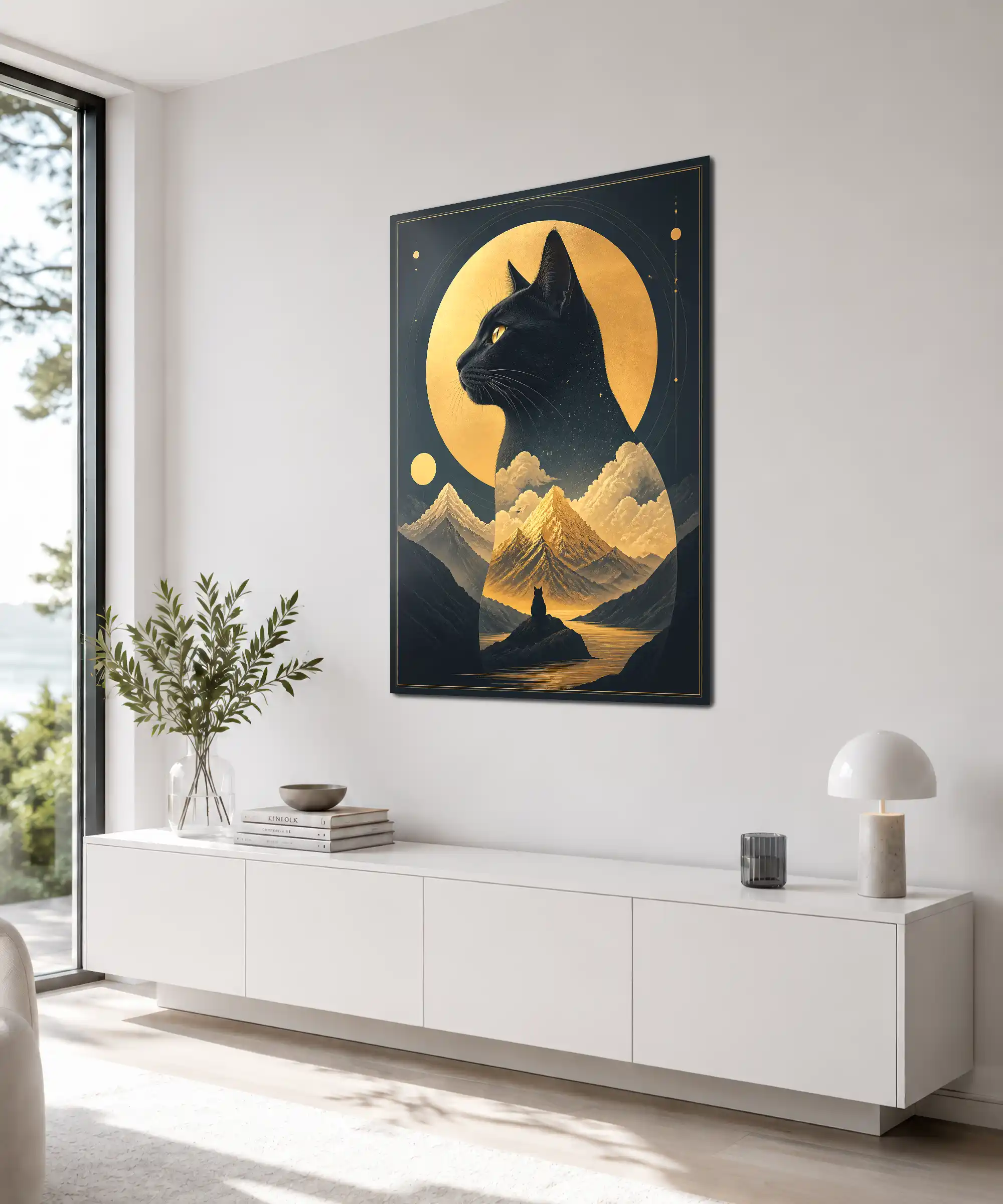 Moonlit Cat Aesthetic Poster 4 painting Angled black cat mountain poster shown in an interior with celestial gold and navy artwork