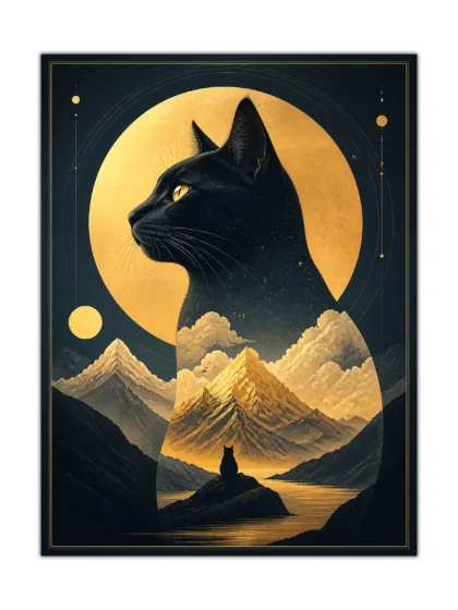 Black cat poster with a golden moon, mountain lake, and celestial navy and gold design