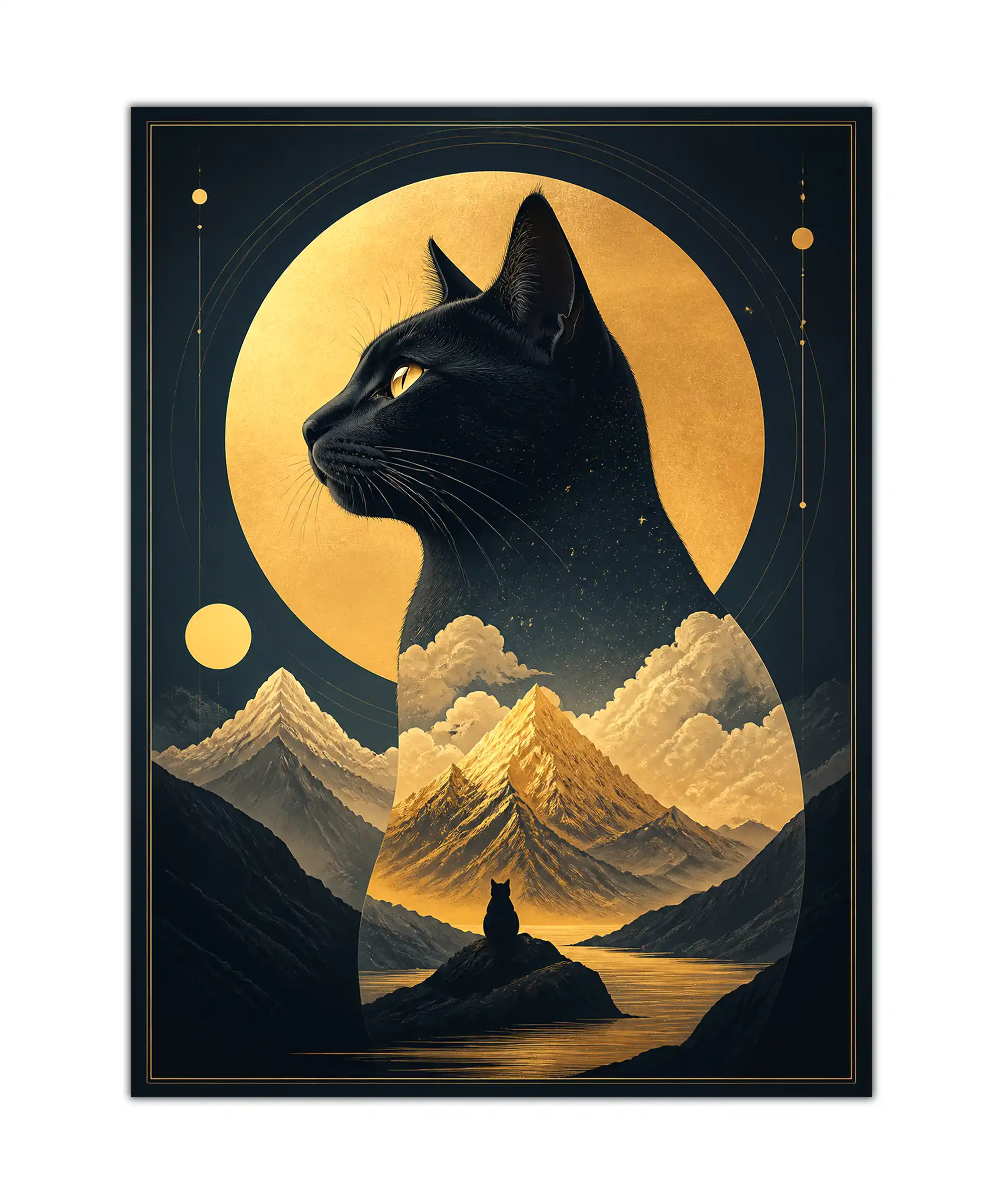 Moonlit Cat Aesthetic Poster 1 painting Black cat poster with a golden moon, mountain lake, and celestial navy and gold design
