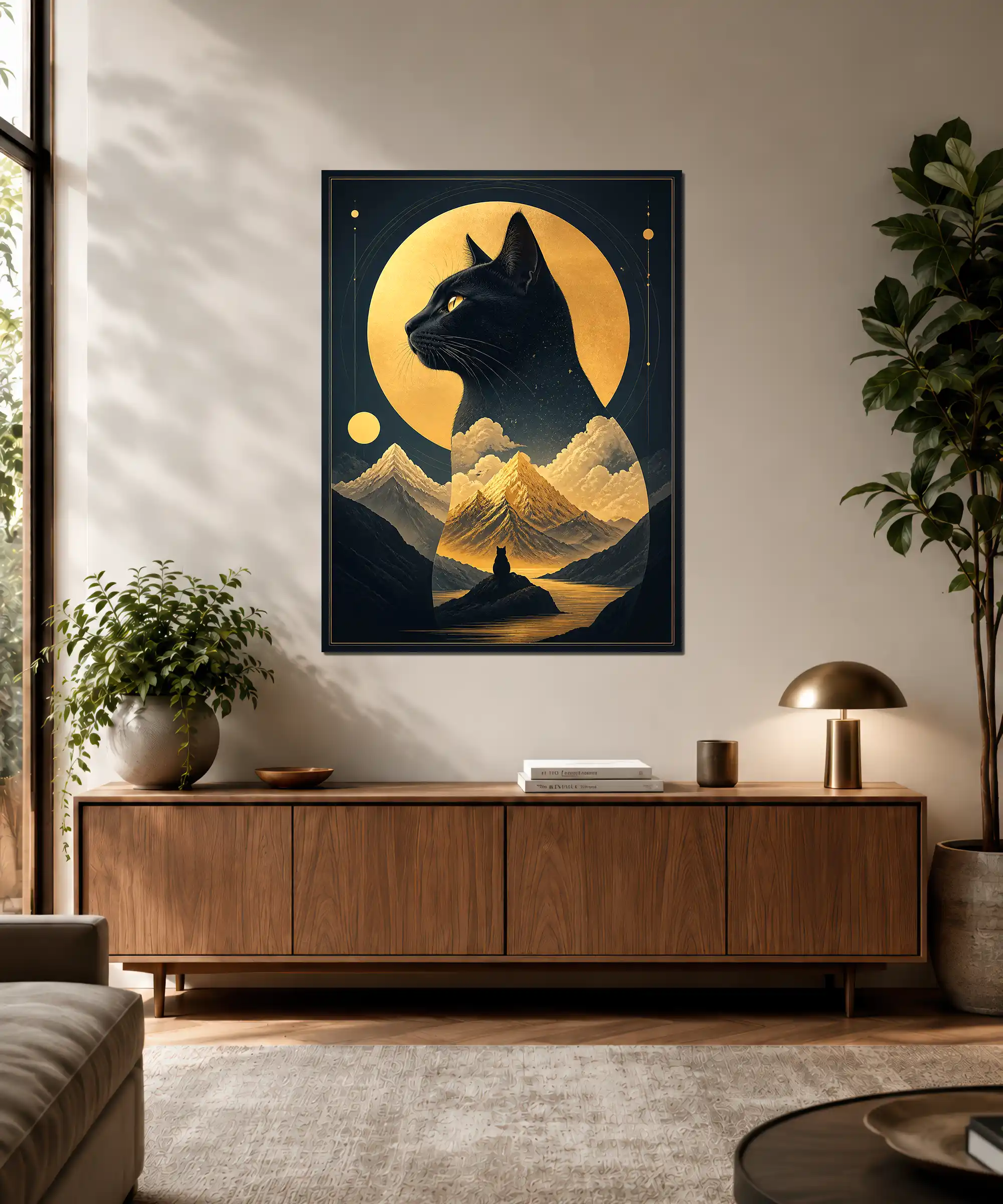Moonlit Cat Aesthetic Poster 3 painting Moonlit black cat wall art displayed in an interior with golden mountains and a glowing moon