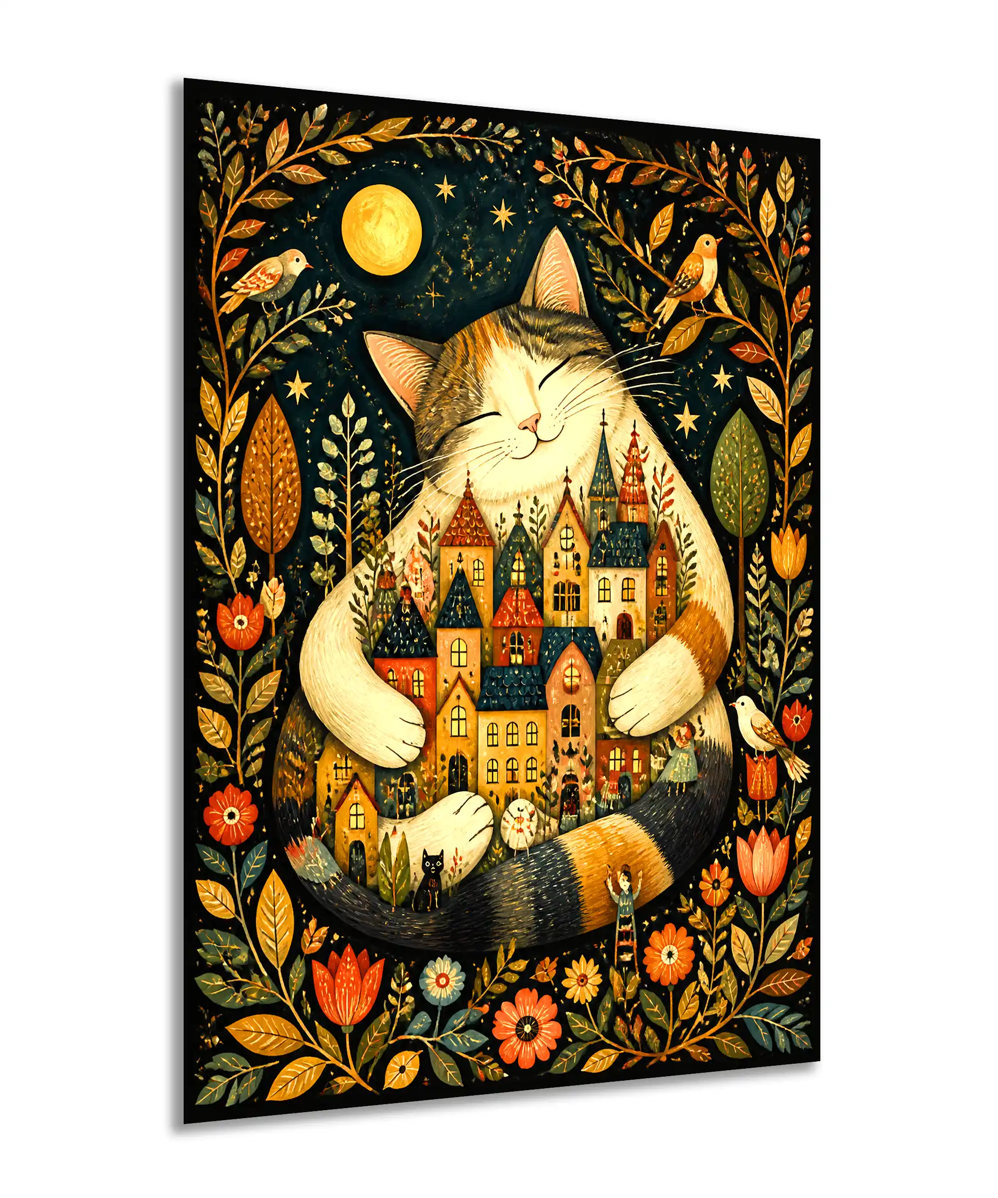 Moonlit Cat Aesthetic Poster 2 painting Angled moonlit cat wall poster featuring a tiny village and botanical folk-art border