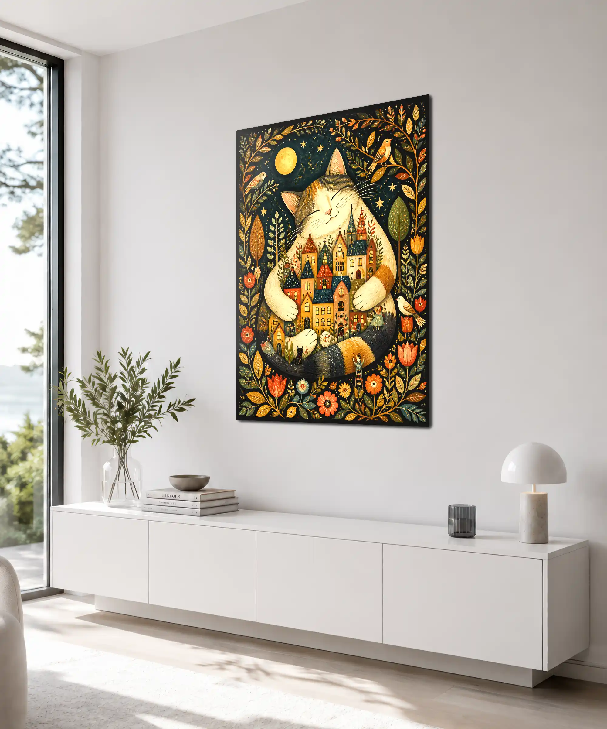 Moonlit Cat Aesthetic Poster 4 painting Angled cat storybook village poster shown on a wall in a warm, inviting room