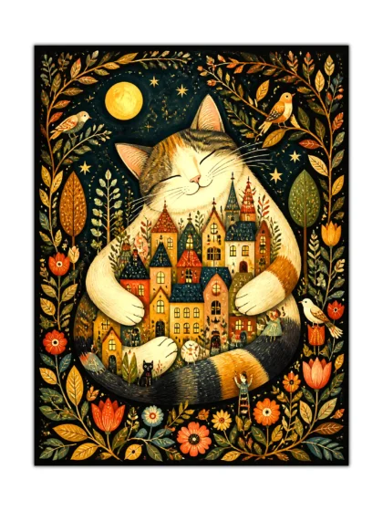 Moonlit cat poster with a tiny storybook village, flowers, birds, stars, and a golden full moon
