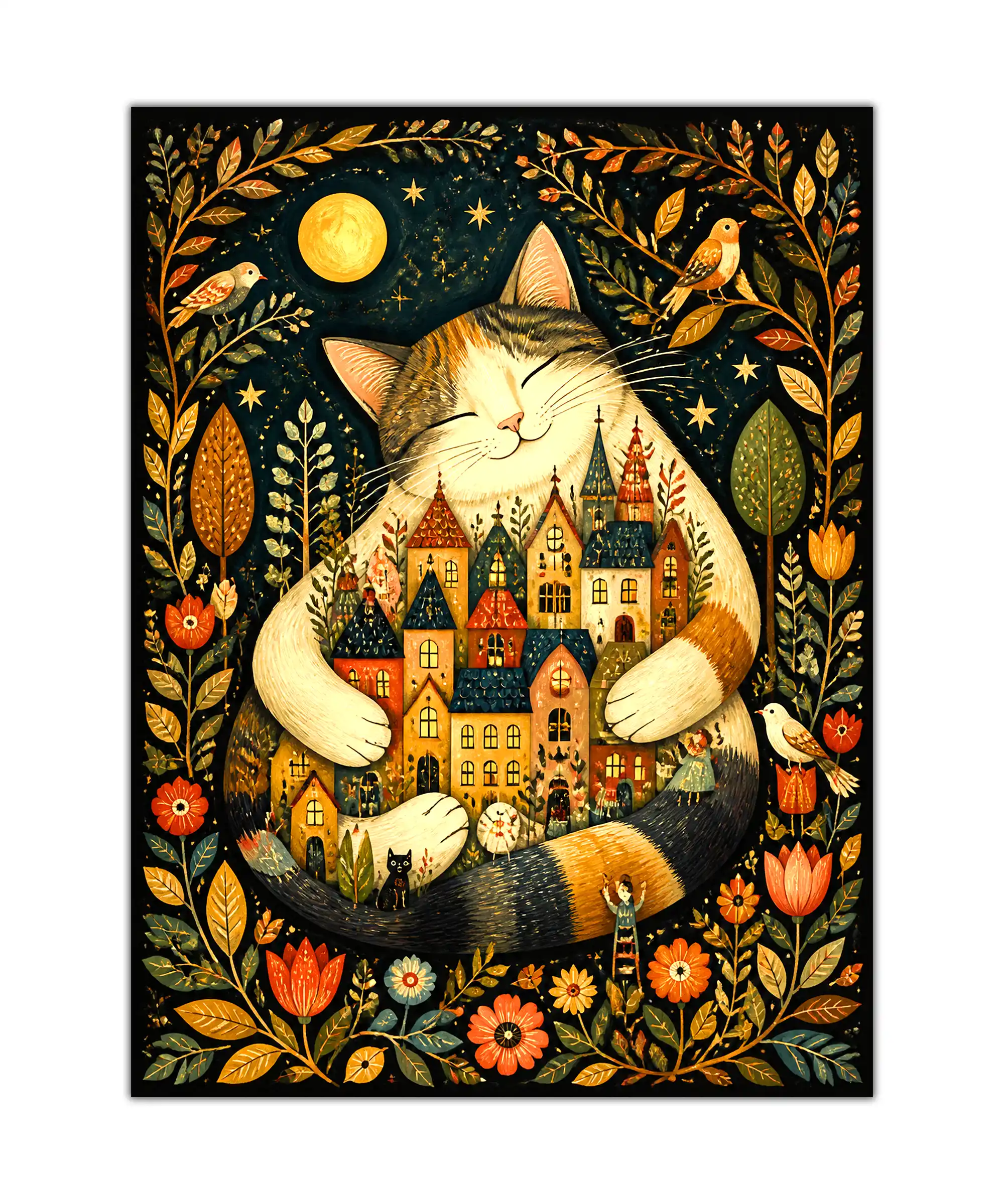 Moonlit Cat Aesthetic Poster 1 painting Moonlit cat poster with a tiny storybook village, flowers, birds, stars, and a golden full moon