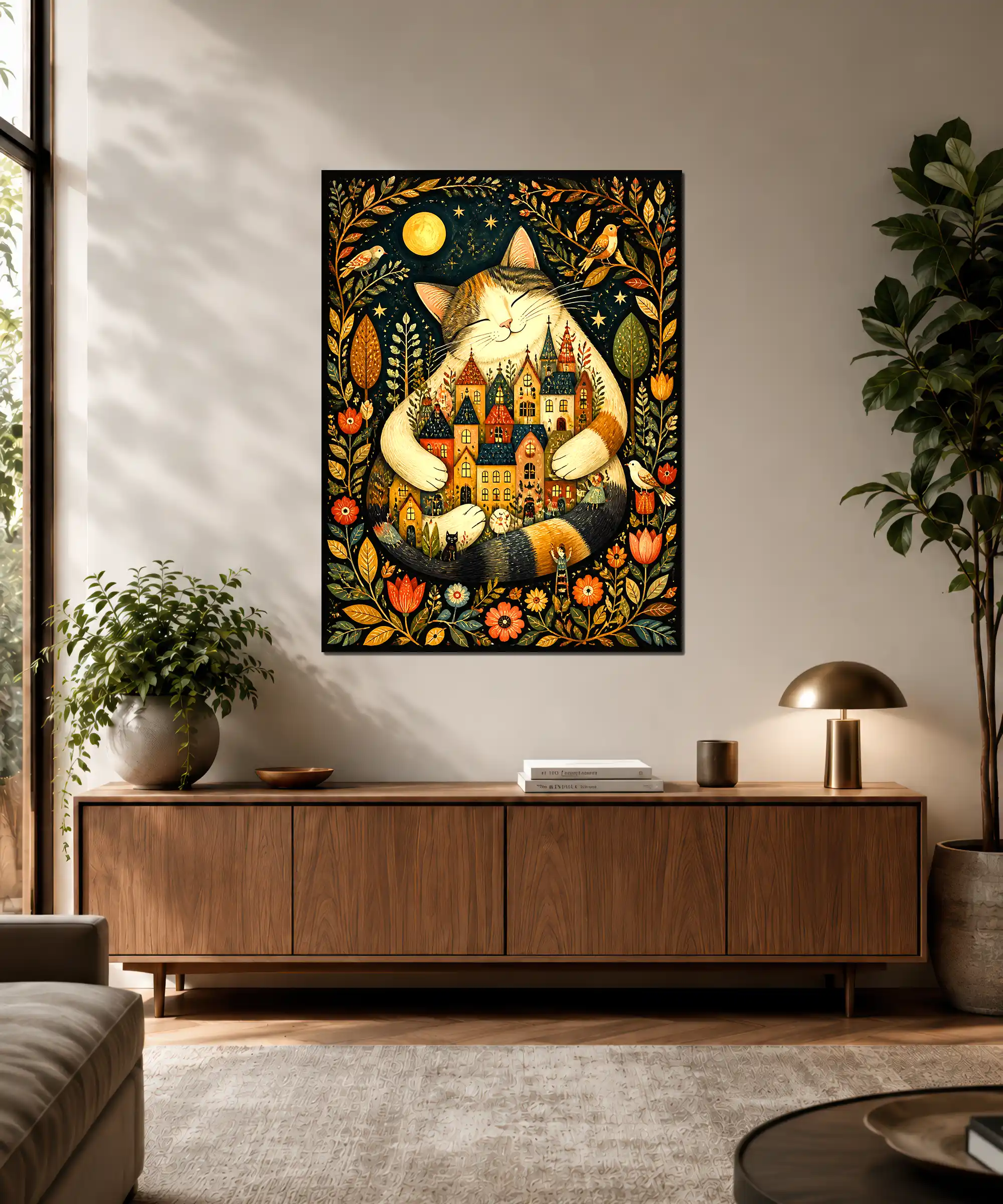 Moonlit Cat Aesthetic Poster 3 painting Moonlit cat village poster displayed in a cozy interior with flowers and woodland details