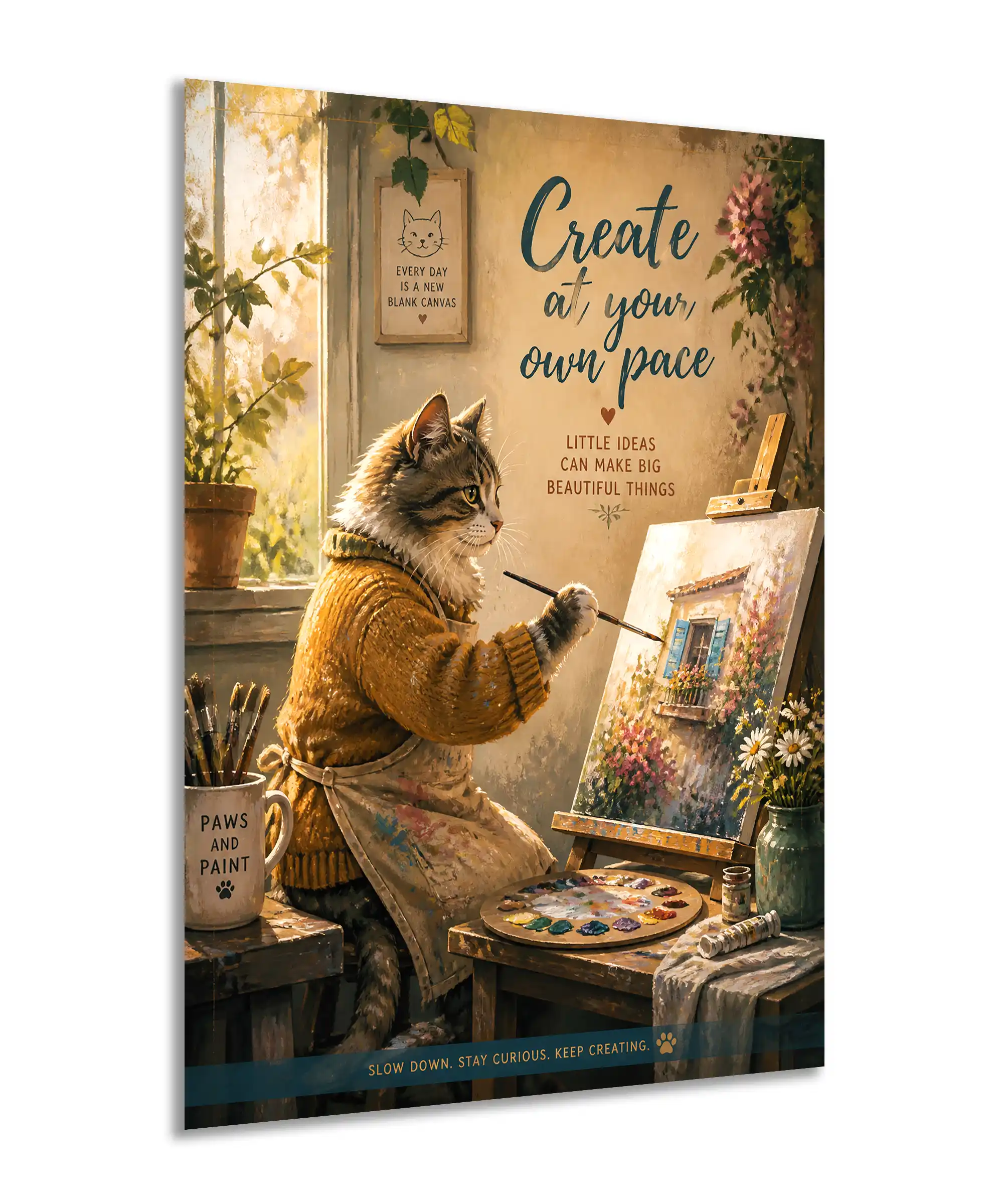 Studio Cat Aesthetic Poster 2 painting Angled tabby cat artist poster with flowers, palette, easel, and studio details
