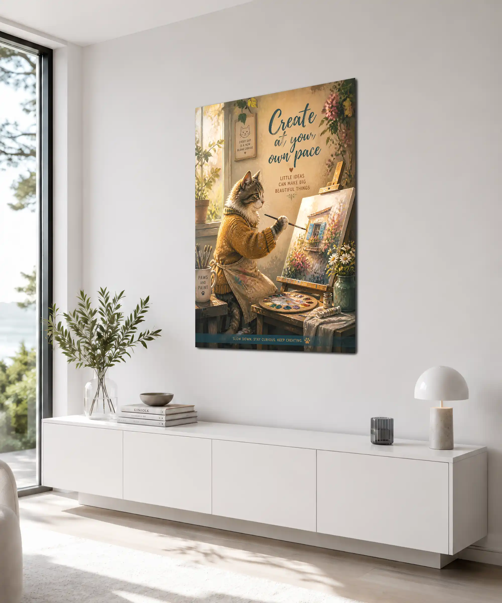 Studio Cat Aesthetic Poster 4 painting Angled cat painting wall poster styled in a warm home studio interior