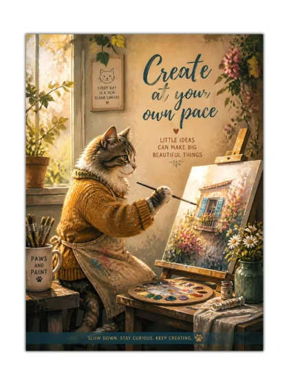 Tabby cat painting flowers on an easel in a warm creative studio poster