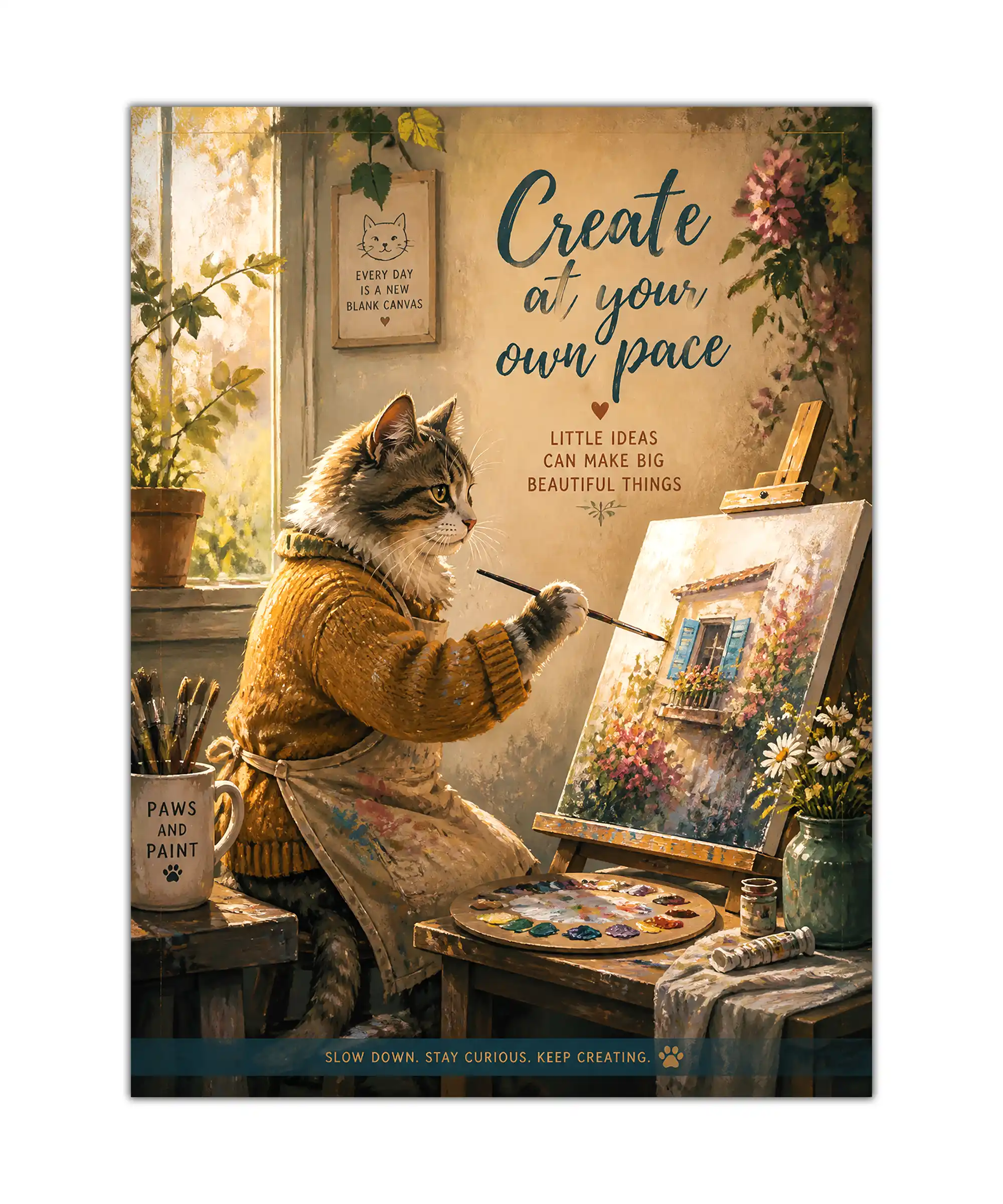 Studio Cat Aesthetic Poster 1 painting Tabby cat painting flowers on an easel in a warm creative studio poster