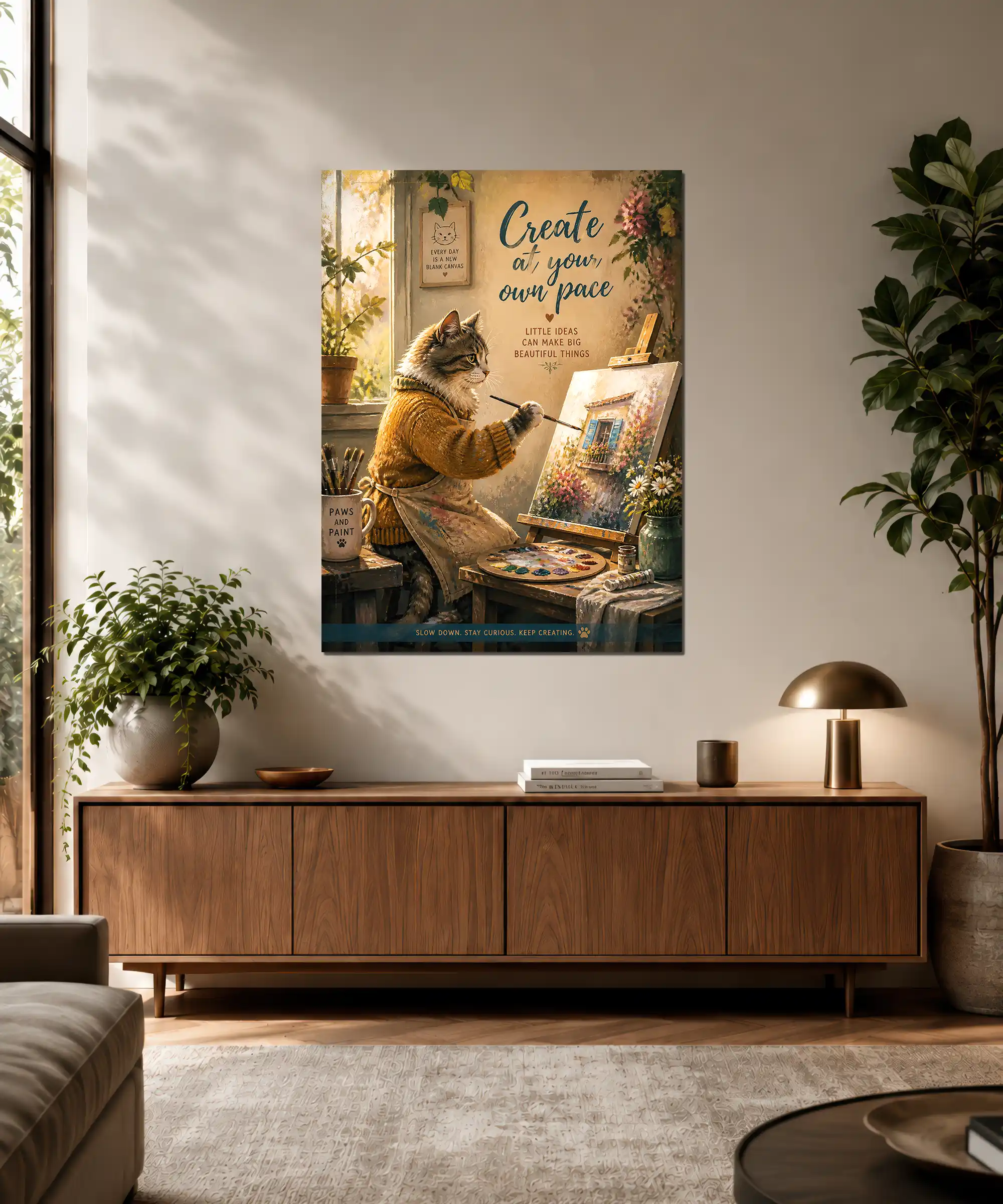 Studio Cat Aesthetic Poster 3 painting Tabby cat painting poster displayed in a cozy creative workspace interior