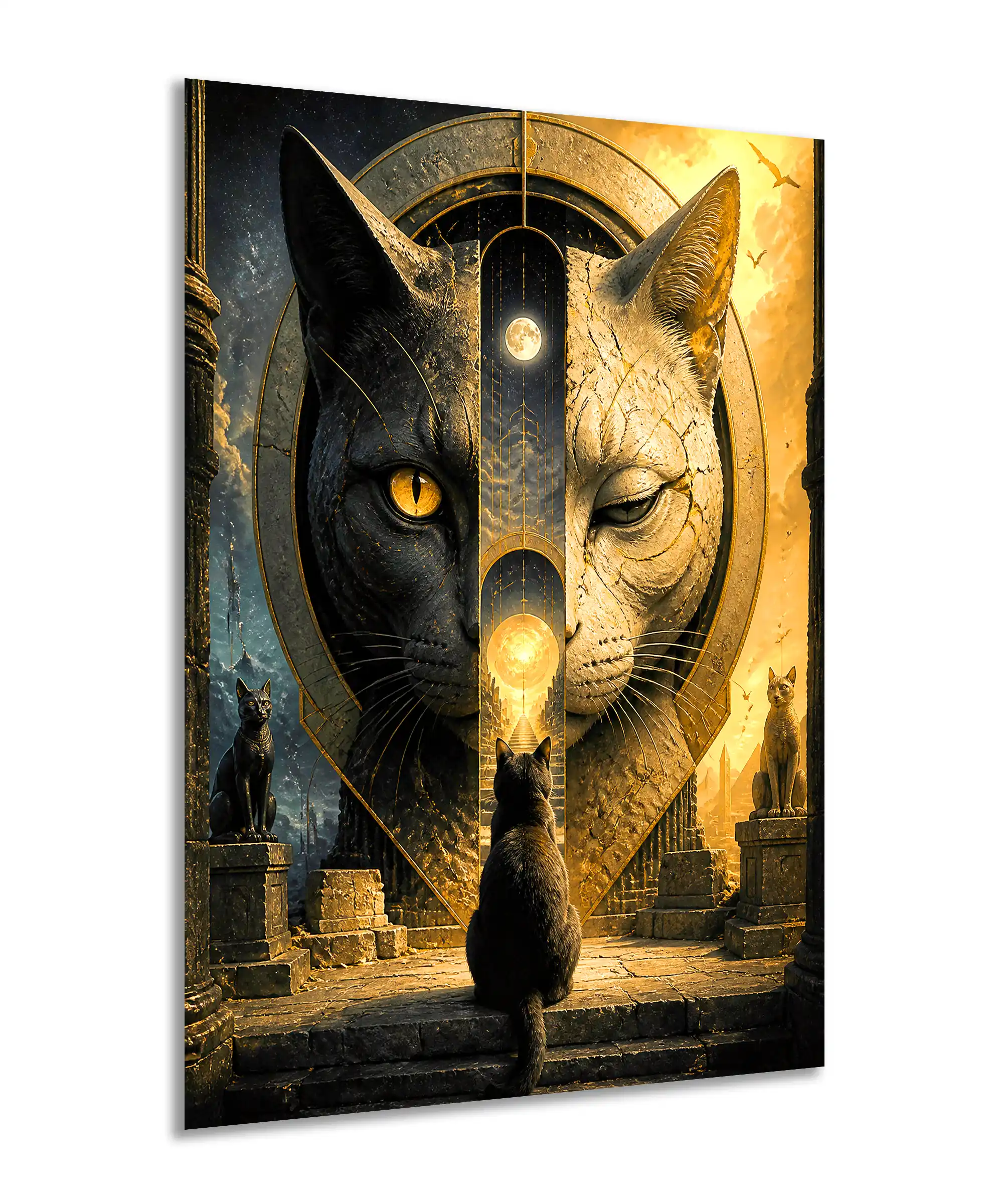Twin Worlds Cat Surreal Poster 2 painting Angled Twin Worlds Cat poster with celestial temple ruins and dark golden feline imagery