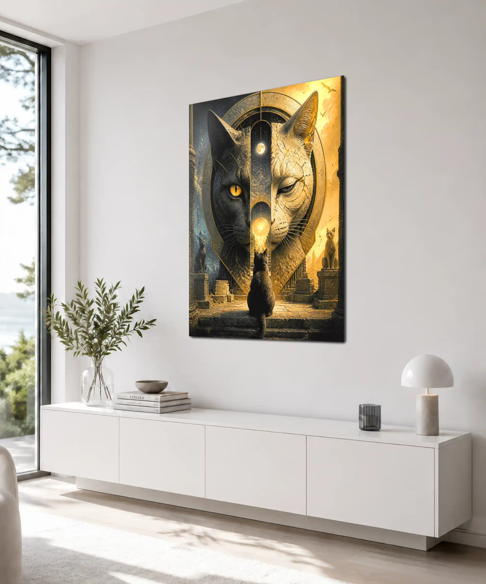 Twin Worlds Cat Surreal Poster 4 painting Angled wall display of Twin Worlds Cat poster with black and golden temple scene