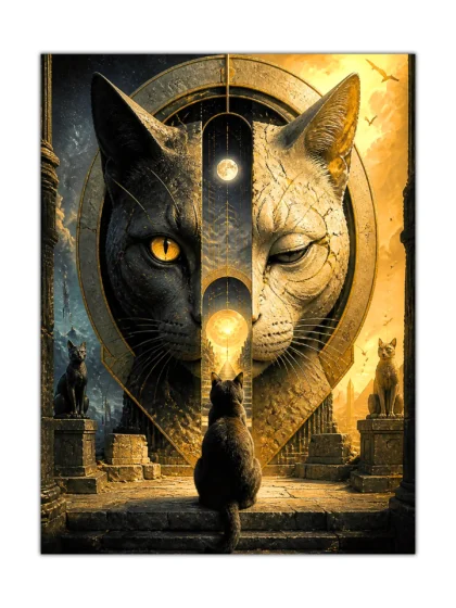 Twin Worlds Cat surreal poster showing a black cat before a split moonlit and golden temple