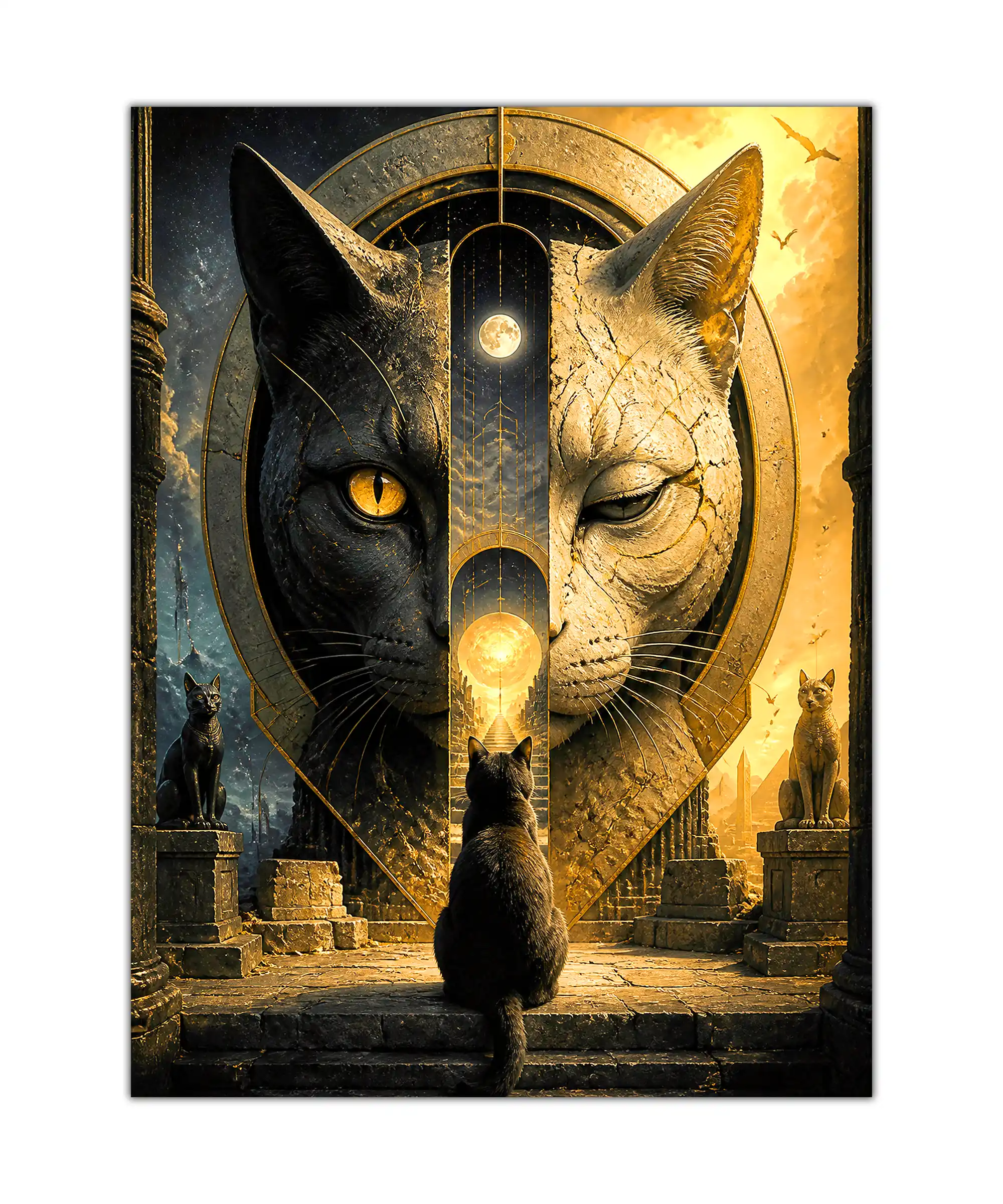 Twin Worlds Cat Surreal Poster 1 painting Twin Worlds Cat surreal poster showing a black cat before a split moonlit and golden temple