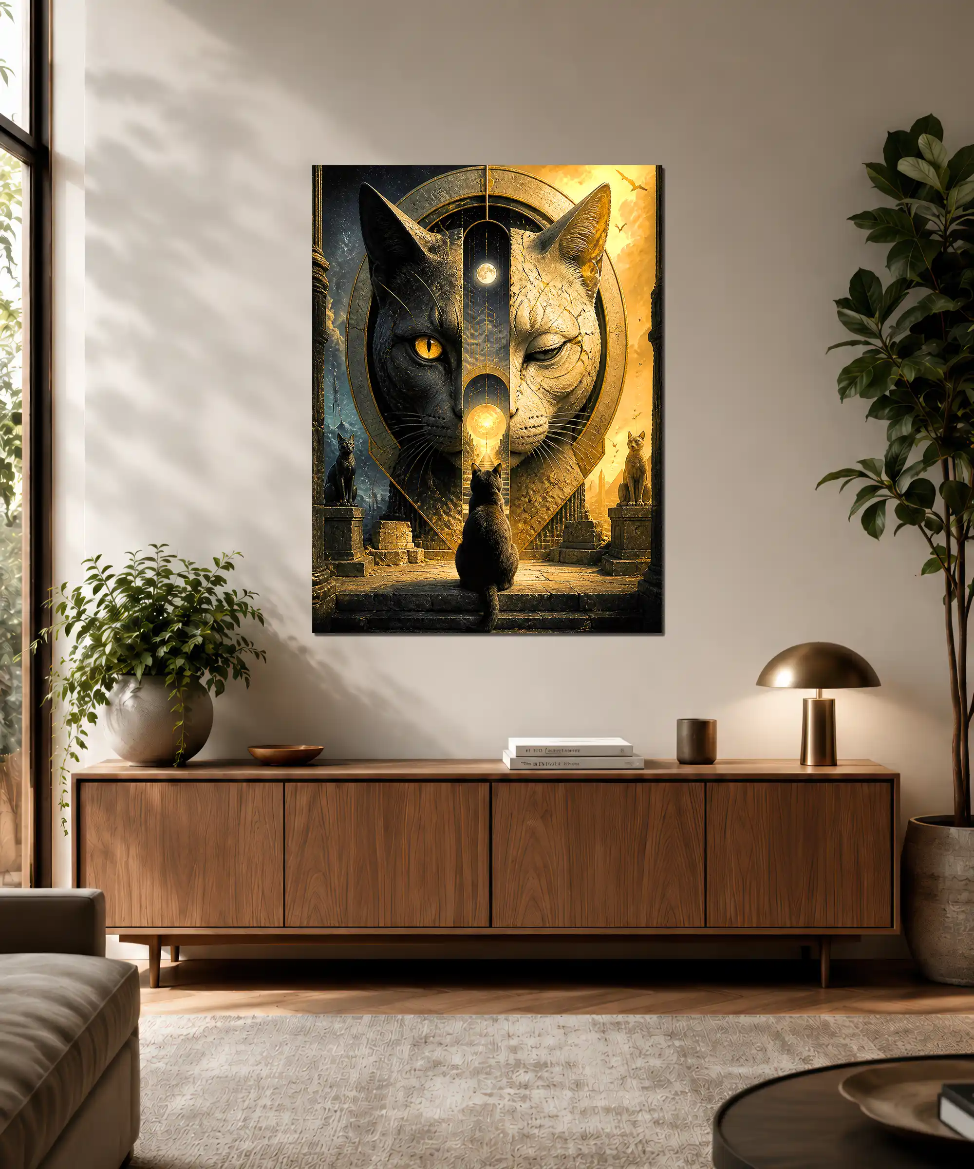 Twin Worlds Cat Surreal Poster 3 painting Twin Worlds Cat surreal wall poster displayed in an interior with mythic temple imagery