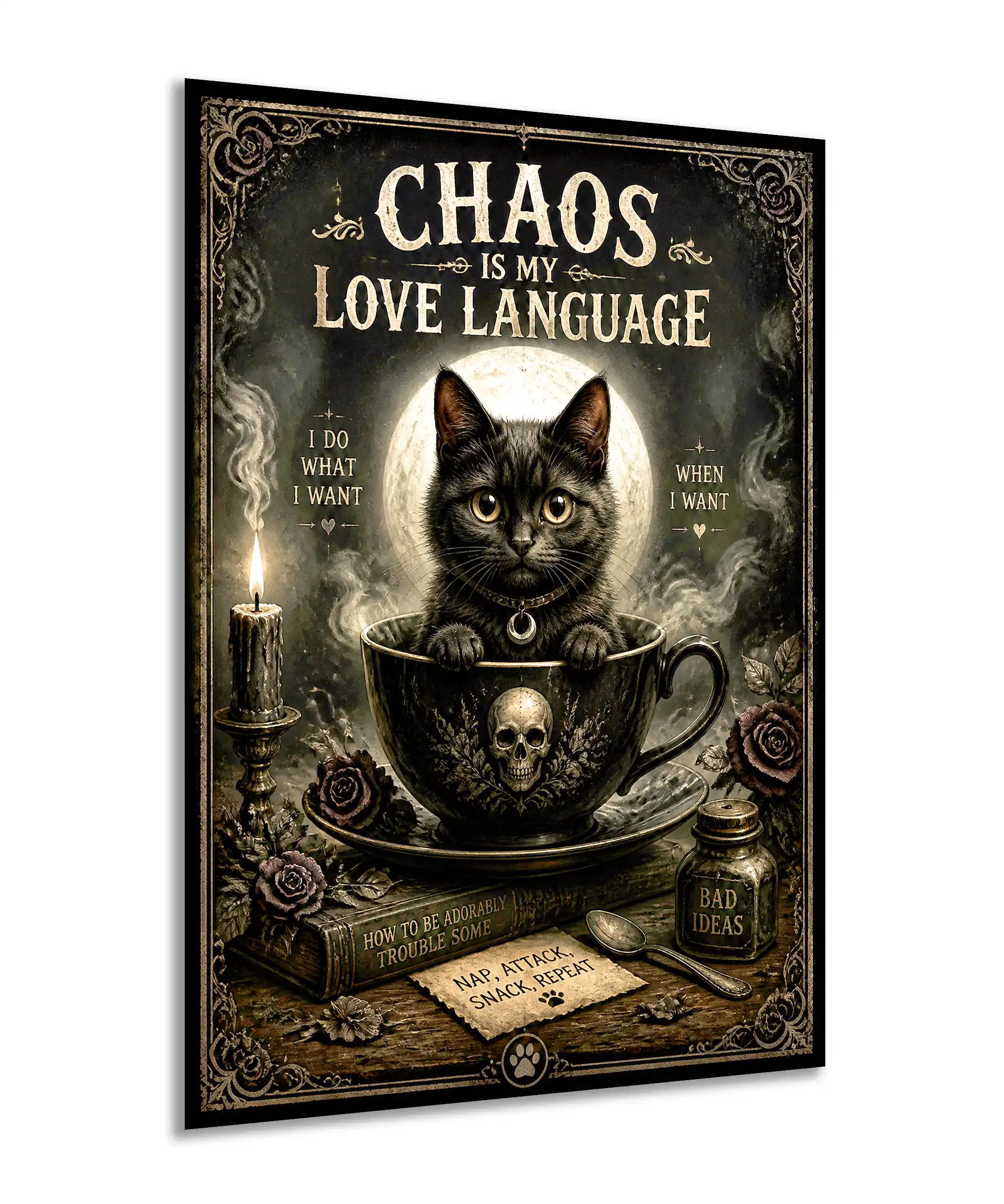 Chaos Cat Poster 2 painting Angled Chaos Cat poster showing black cat, gothic teacup, roses, and vintage details