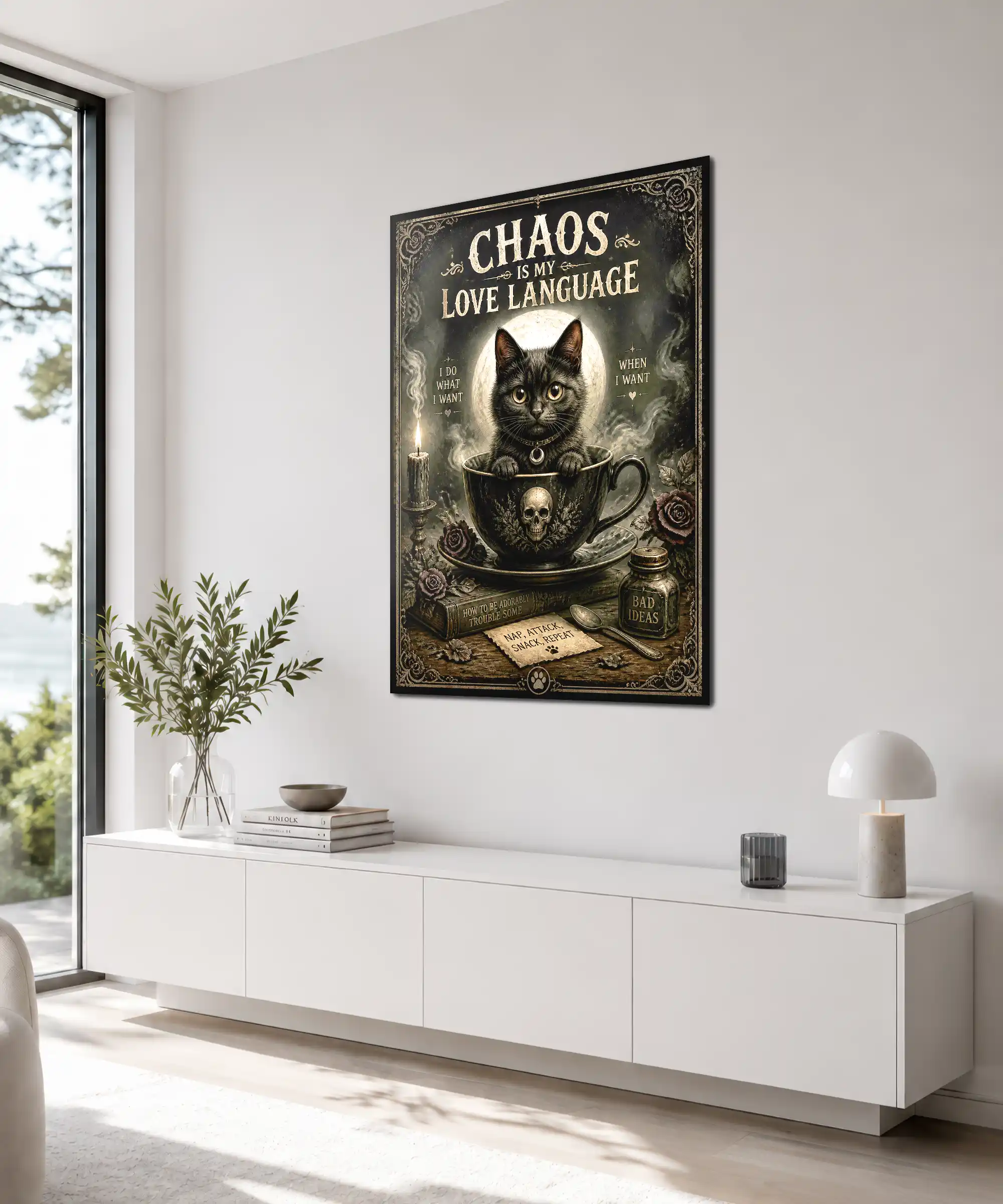 Chaos Cat Poster 4 painting Angled gothic cat poster displayed indoors with skull cup, roses, candle, and moon