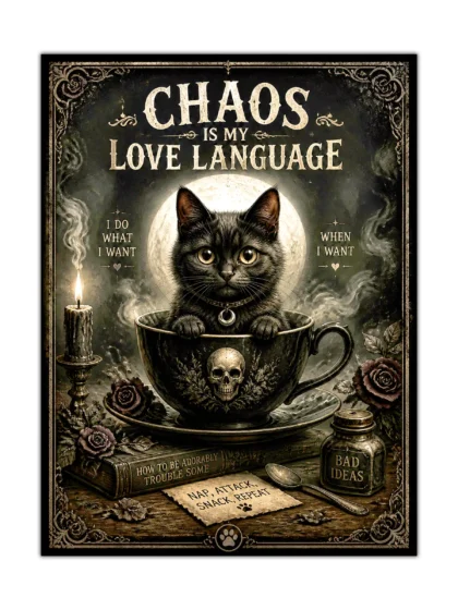 Vintage gothic black cat poster with skull teacup, roses, candle, moon, and humorous text