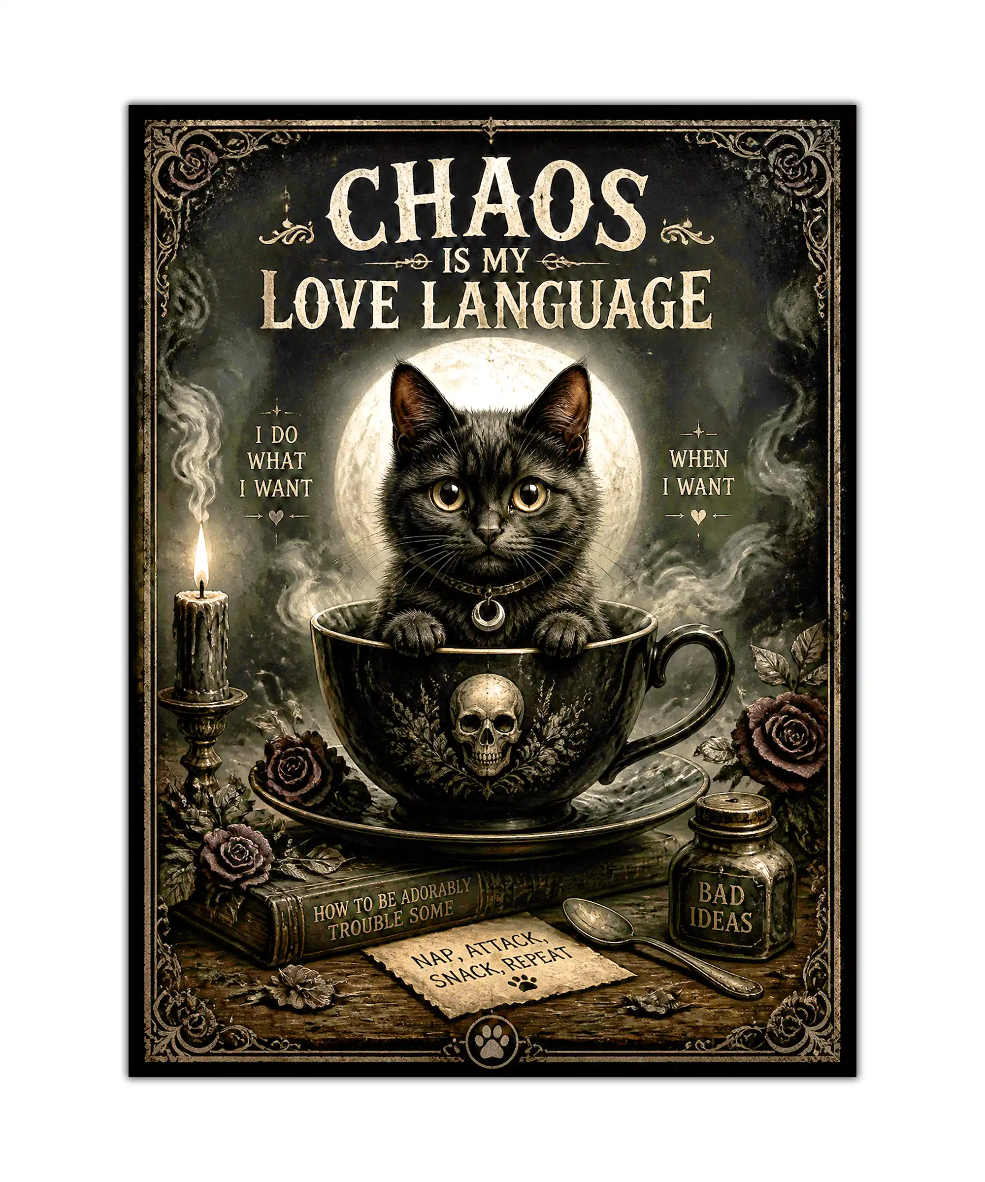 Chaos Cat Poster 1 painting Vintage gothic black cat poster with skull teacup, roses, candle, moon, and humorous text