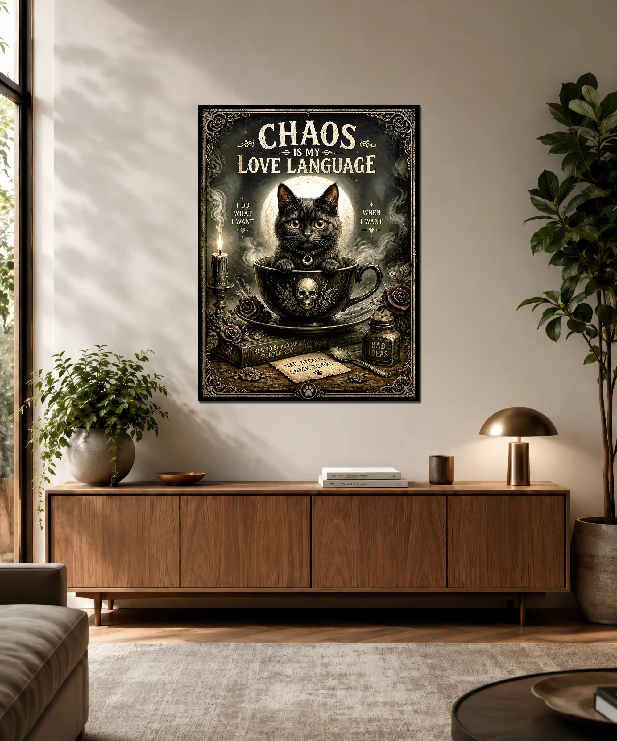 Chaos Cat Poster 3 painting Gothic black cat wall poster displayed in an interior with vintage dark humor