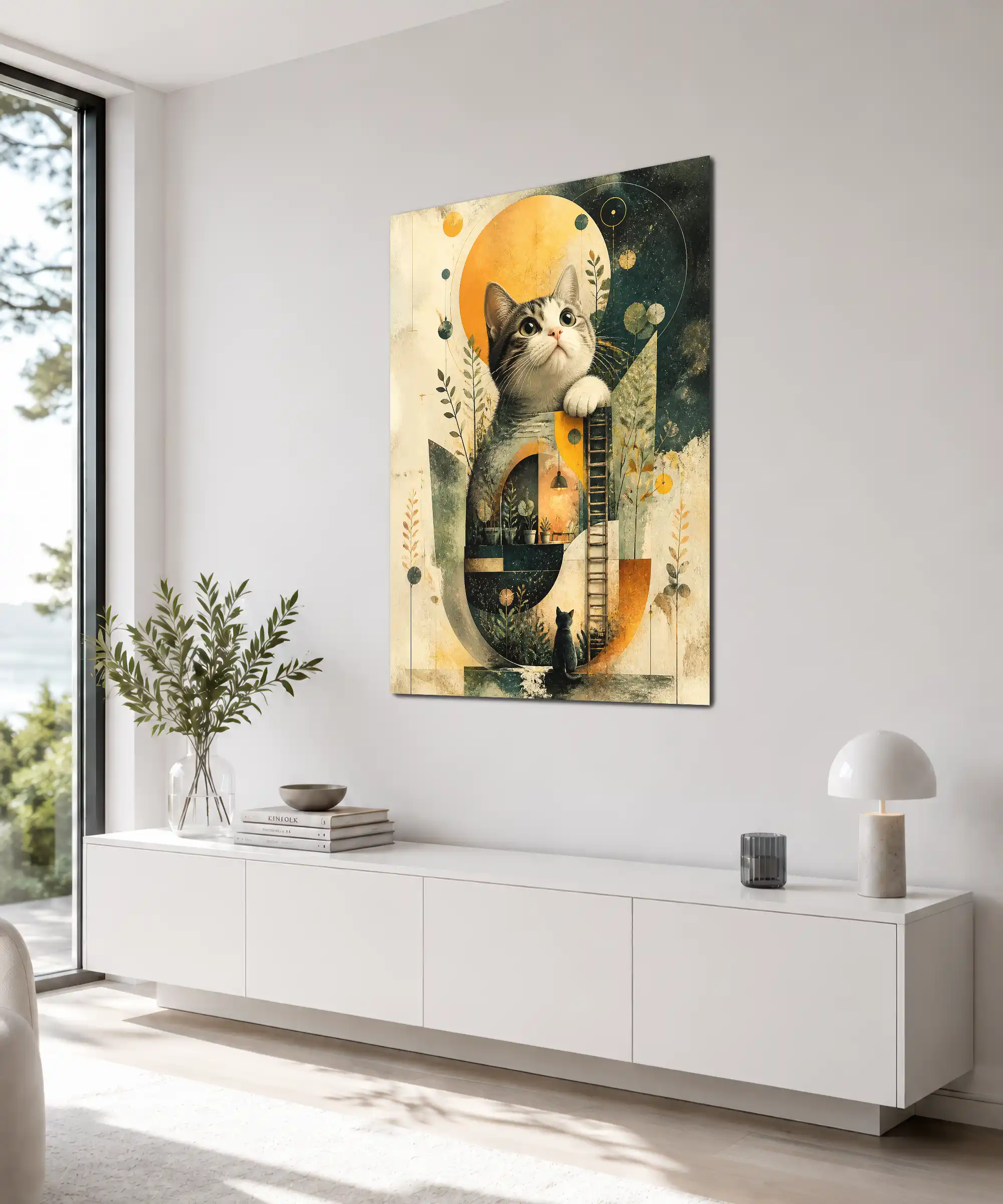 Cosmic Cat Aesthetic Poster 4 painting Angled cat wall poster in a creative interior with celestial garden artwork