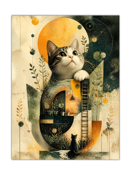 Cosmic tabby cat poster with ladder, plants, planets, and geometric vintage collage