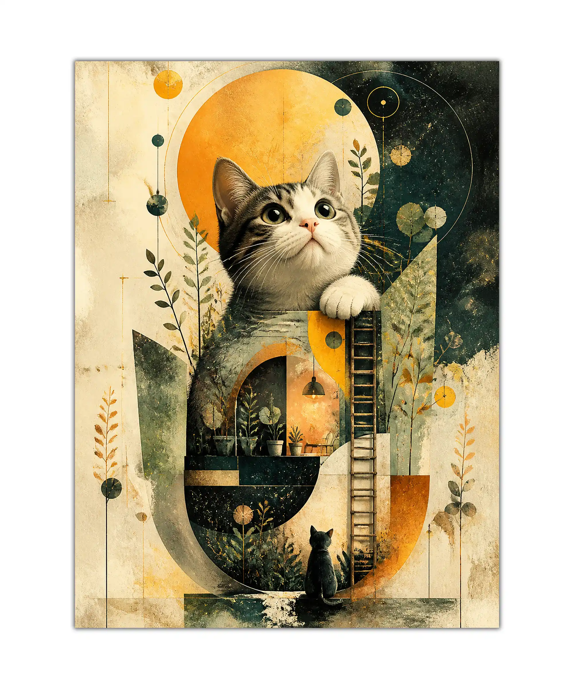 Cosmic Cat Aesthetic Poster 1 painting Cosmic tabby cat poster with ladder, plants, planets, and geometric vintage collage