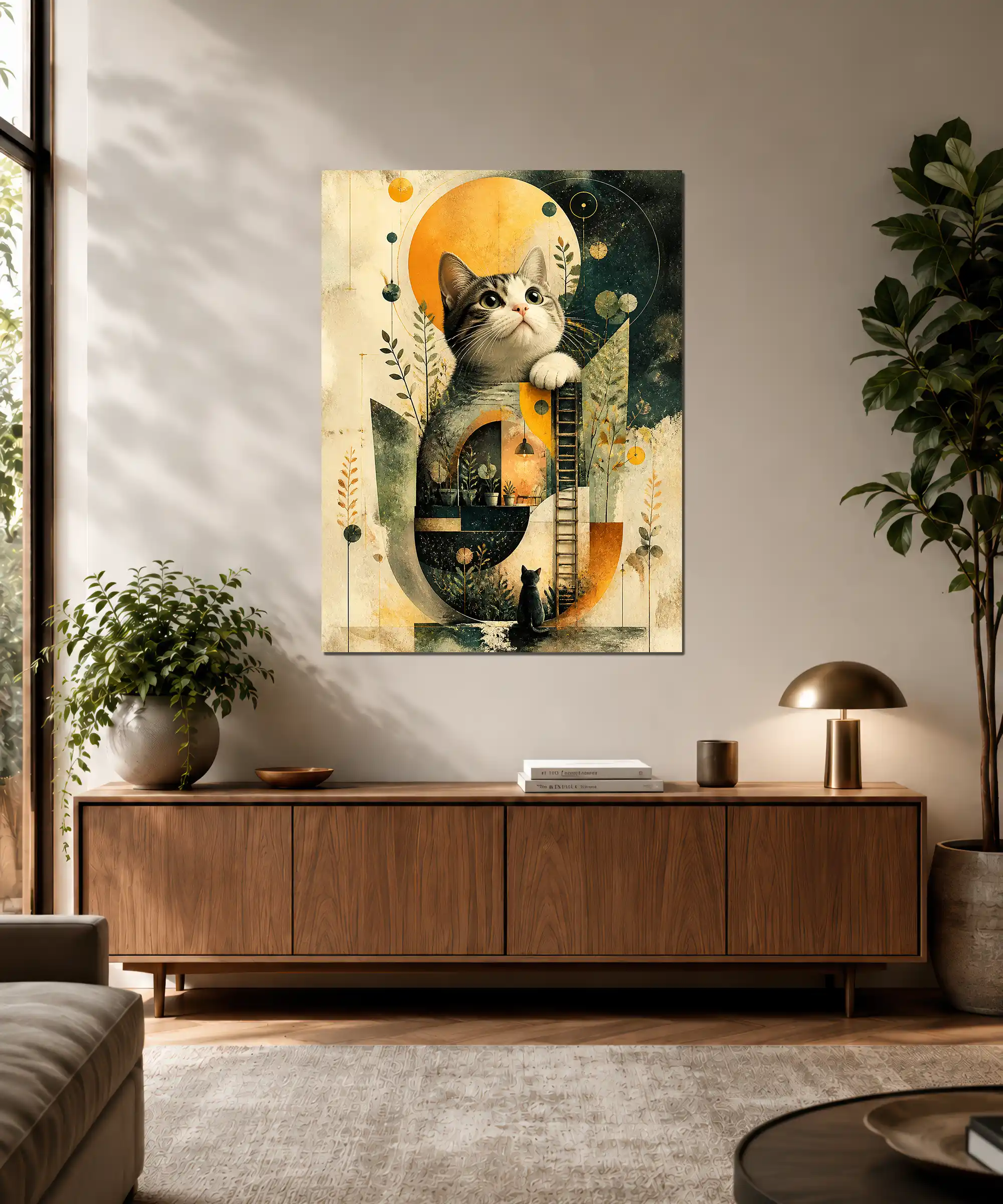 Cosmic Cat Aesthetic Poster 3 painting Cosmic tabby cat wall poster displayed in a warm living room interior
