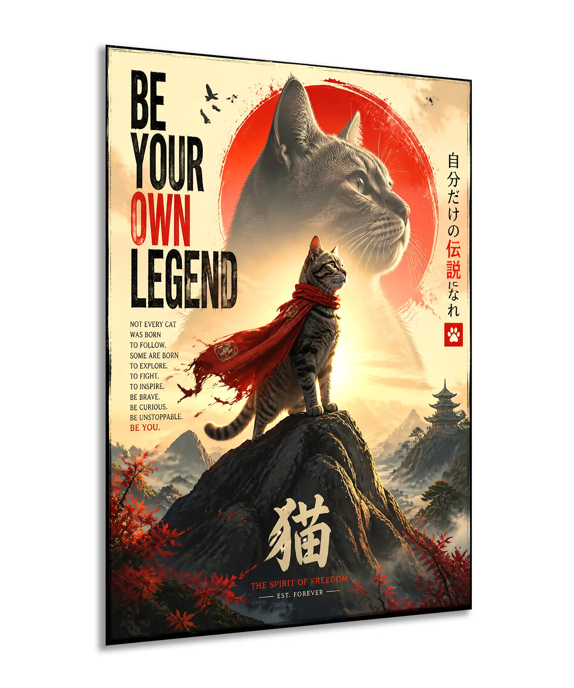Legend Cat Aesthetic Poster 2 painting Angled Legend Cat poster with scarf-wearing feline and dramatic mountain landscape