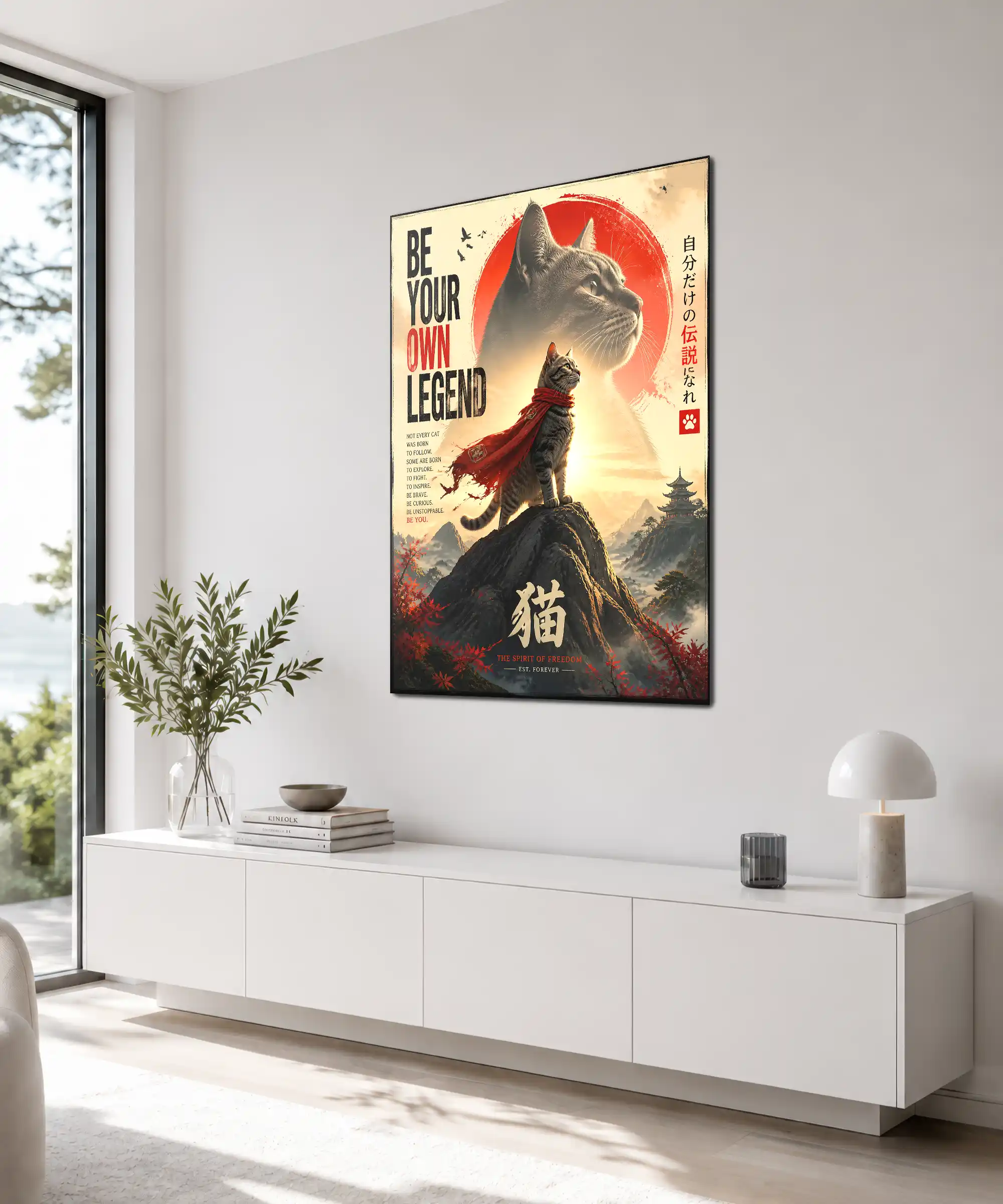 Legend Cat Aesthetic Poster 4 painting Angled cat wall art in an interior showing red scarf, mountains, and motivational text