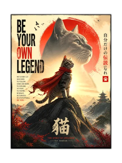 Gray cat in red scarf standing on a mountain peak in a Japanese-inspired poster