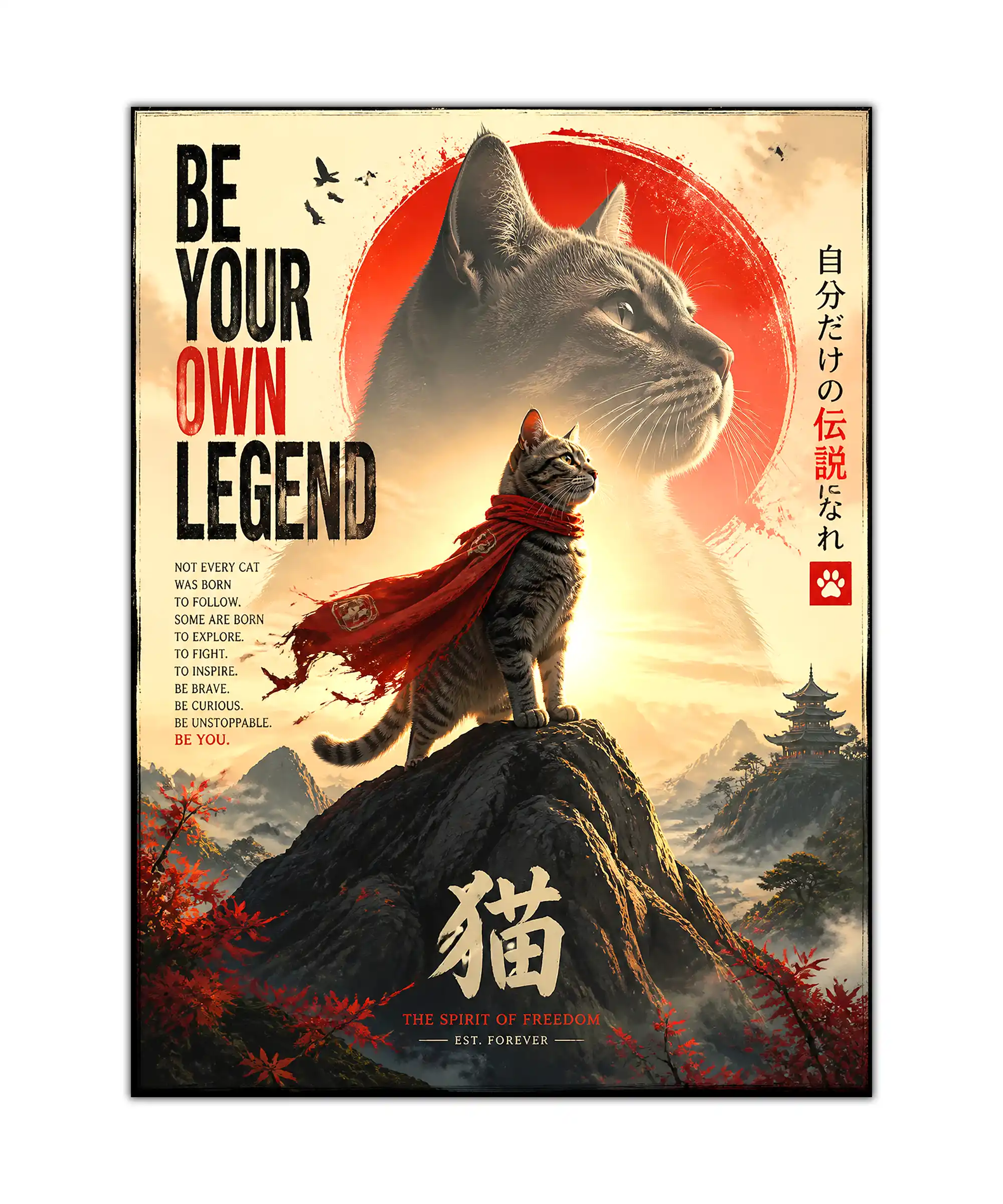 Legend Cat Aesthetic Poster 1 painting Gray cat in red scarf standing on a mountain peak in a Japanese-inspired poster