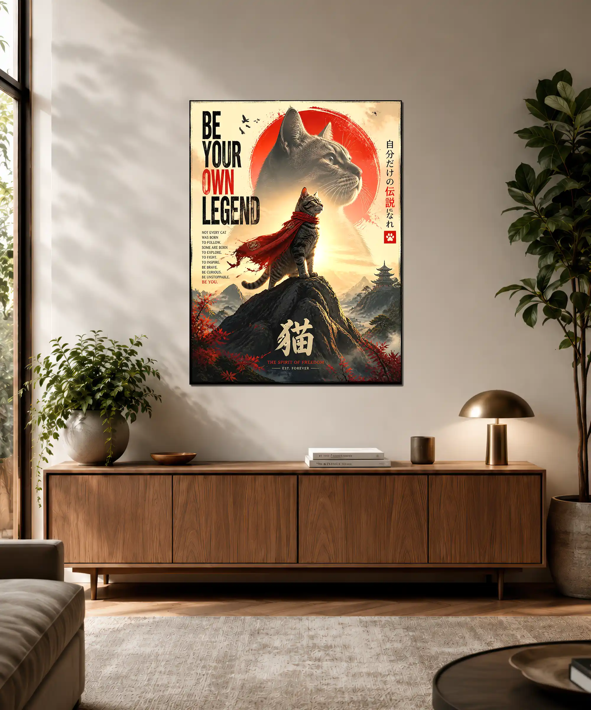 Legend Cat Aesthetic Poster 3 painting Legend Cat aesthetic poster displayed in an interior with mountain and pagoda scene