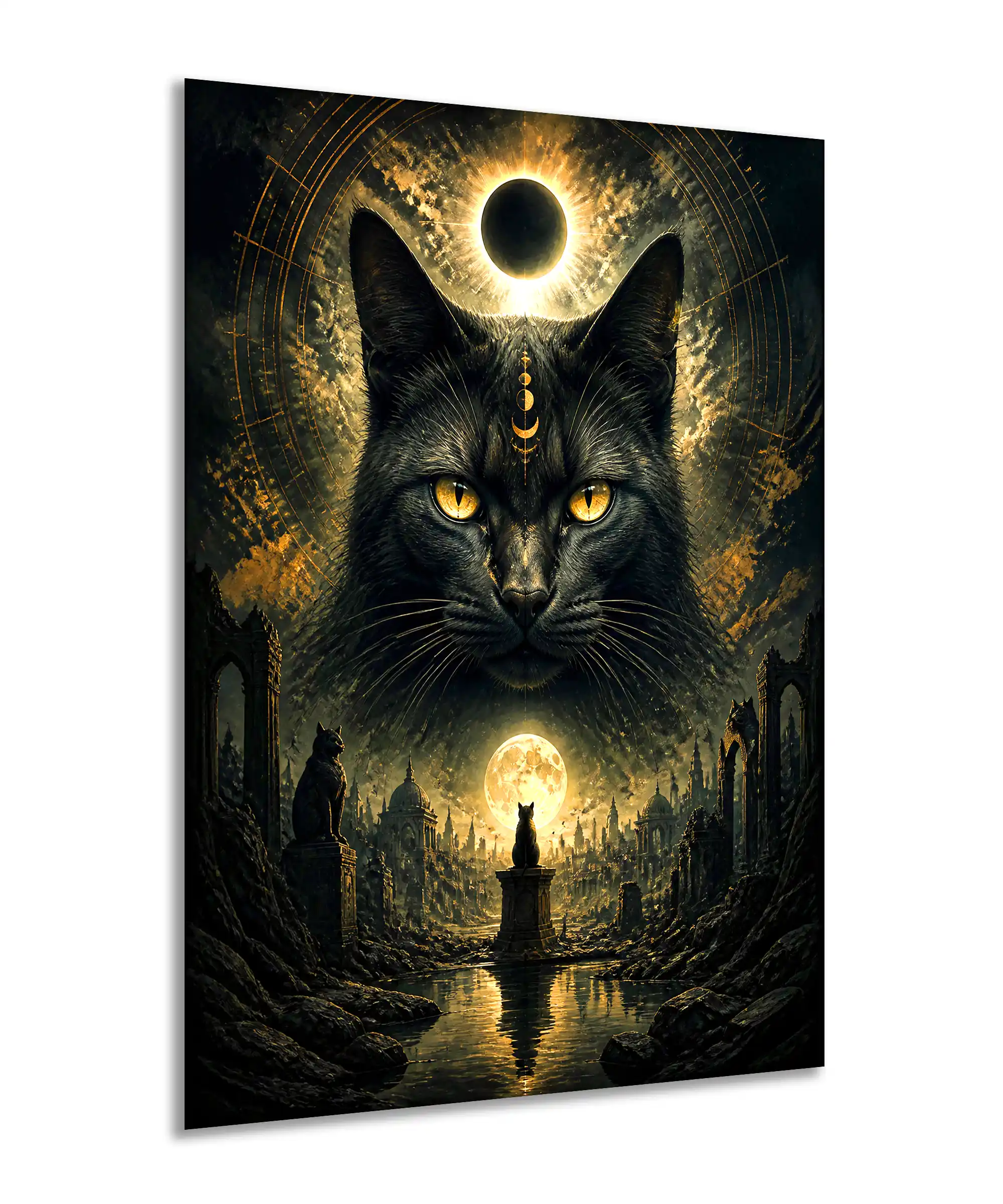 Moonlit Familiar Cat Poster 2 painting Angled black cat moon poster showing gothic ruins and golden celestial details