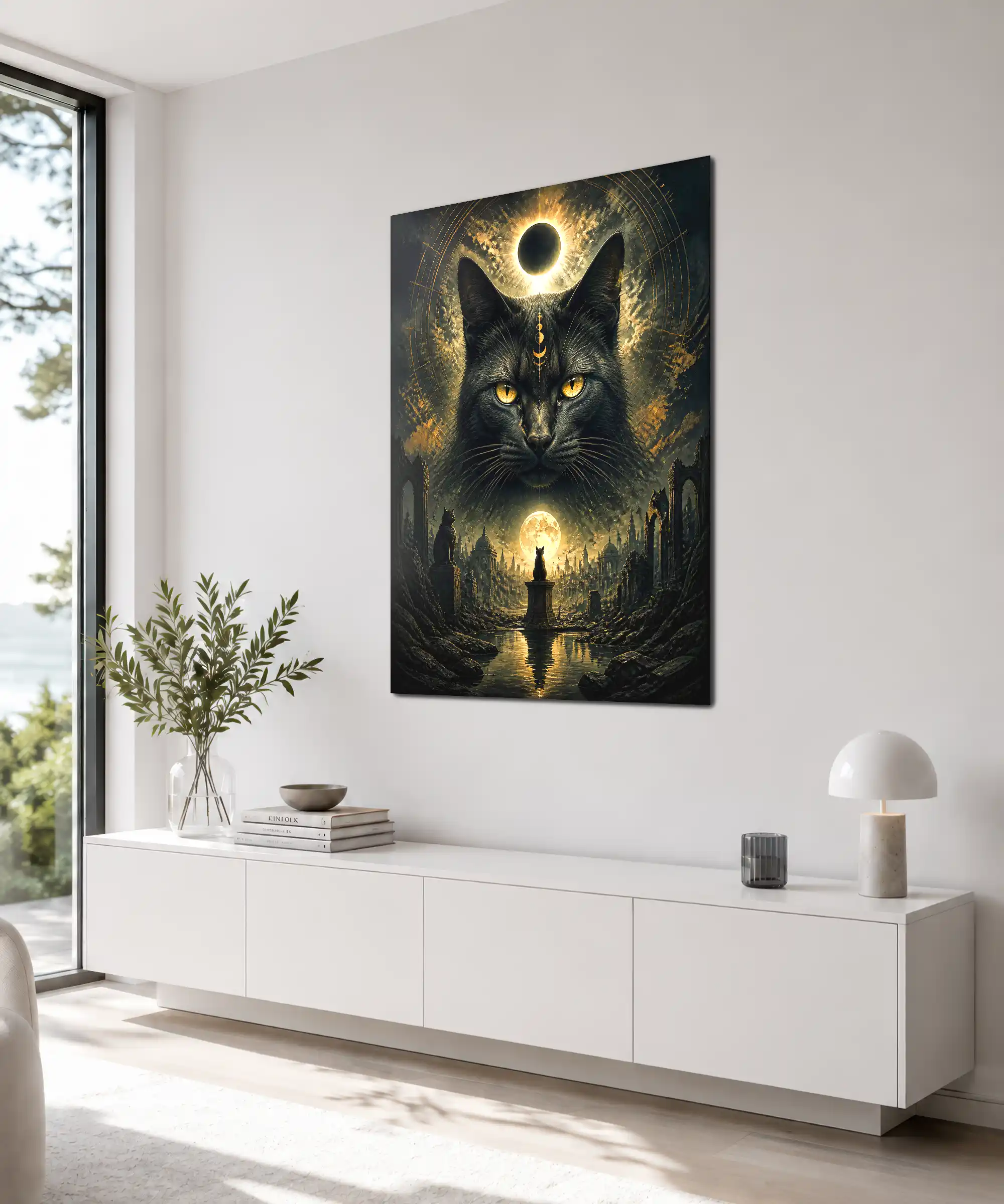 Moonlit Familiar Cat Poster 4 painting Angled moonlit cat wall poster displayed in a dark stylish interior