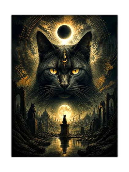 Black cat with golden eyes beneath twin moons in a surreal gothic ruin poster