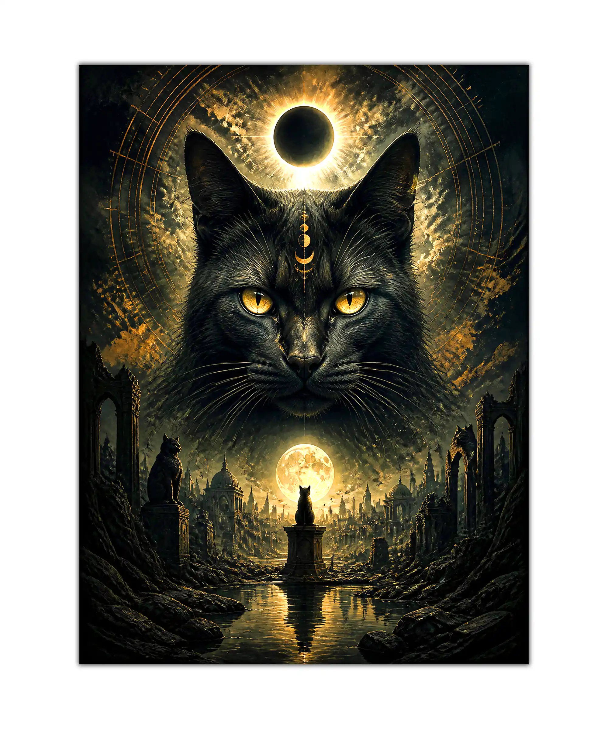 Moonlit Familiar Cat Poster 1 painting Black cat with golden eyes beneath twin moons in a surreal gothic ruin poster