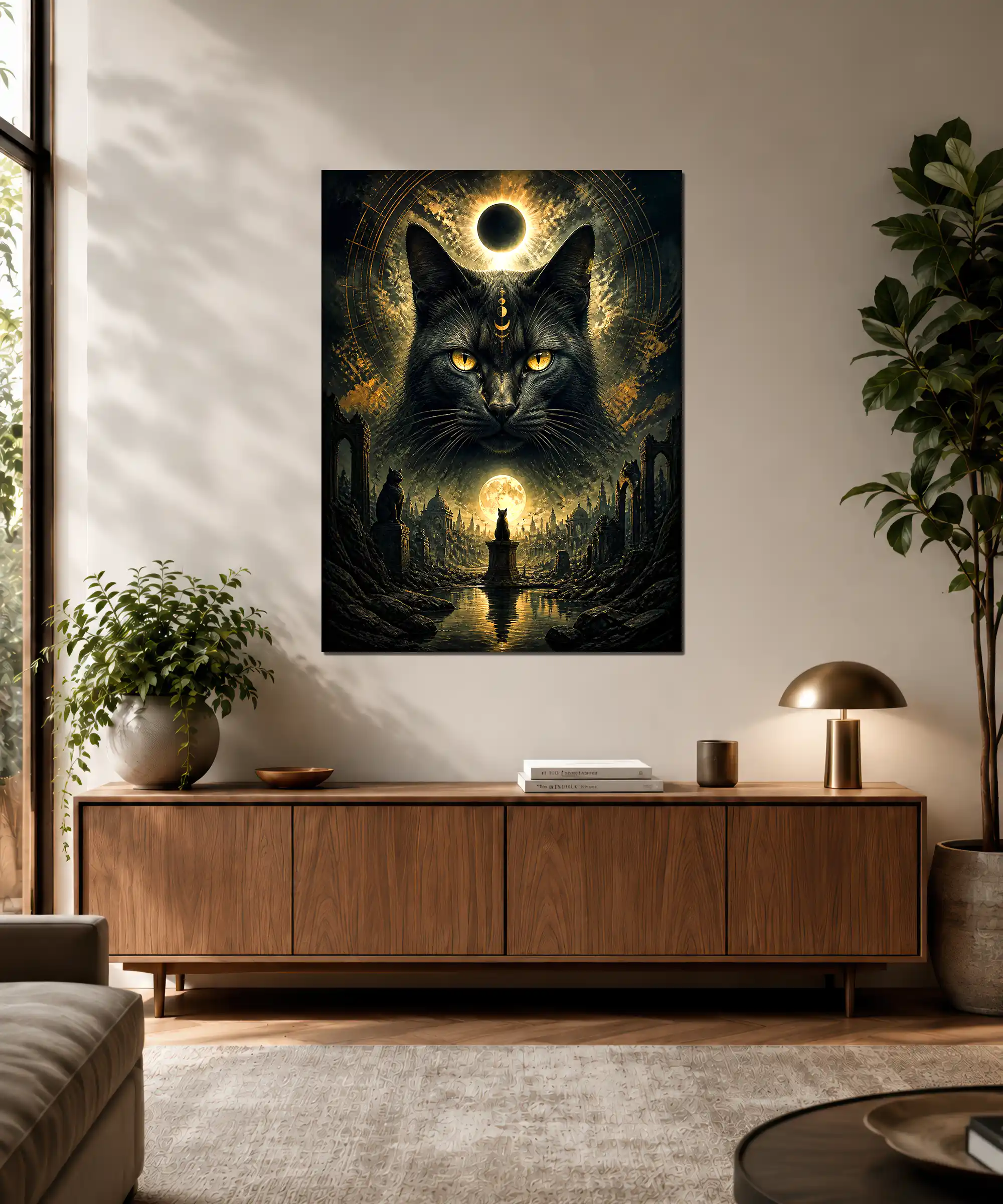 Moonlit Familiar Cat Poster 3 painting Moonlit black cat poster displayed in an interior with gothic celestial atmosphere