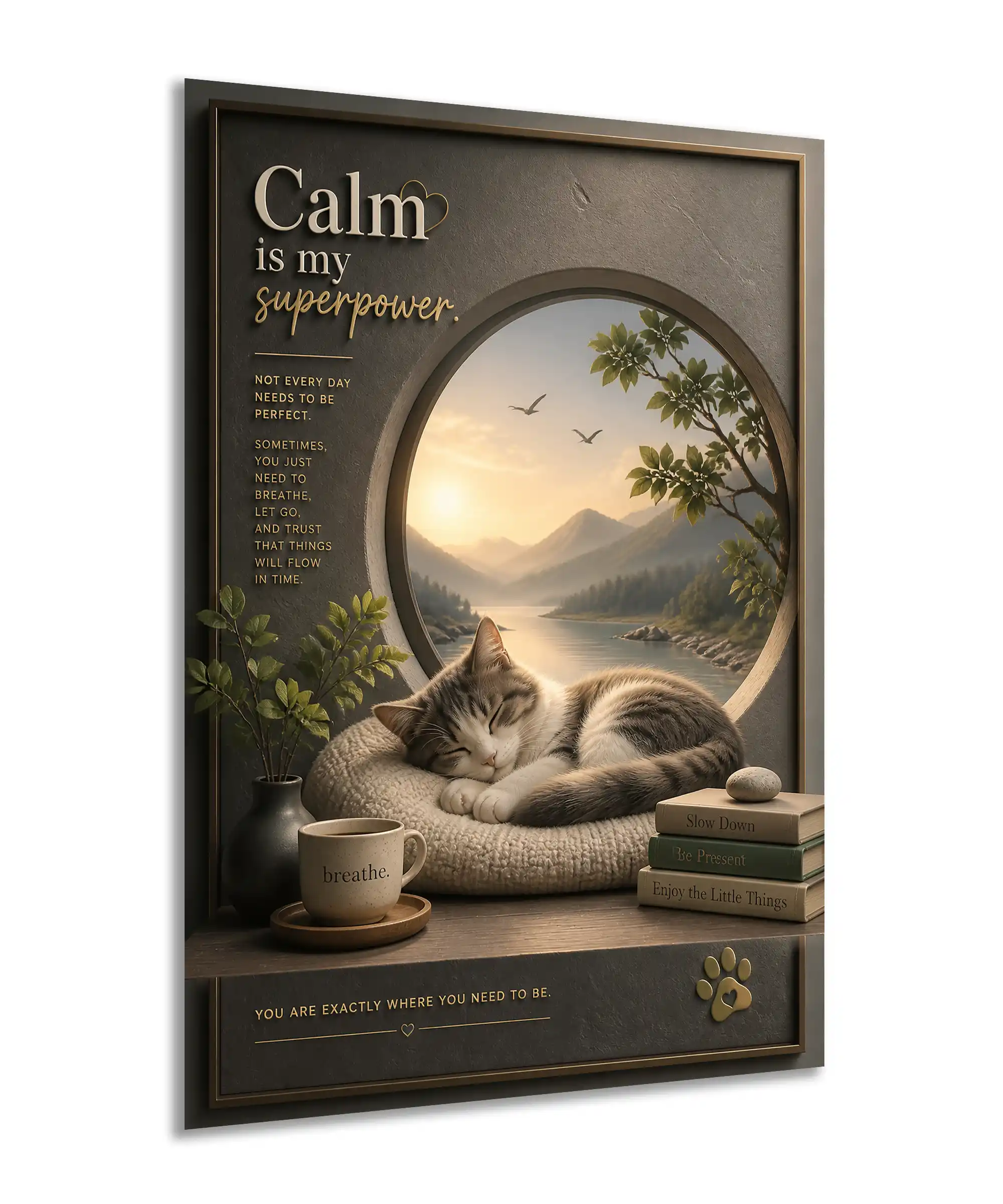 Calm Cat Aesthetic Poster 2 painting Angled sleeping cat wall poster with peaceful lake scene and warm neutral decor