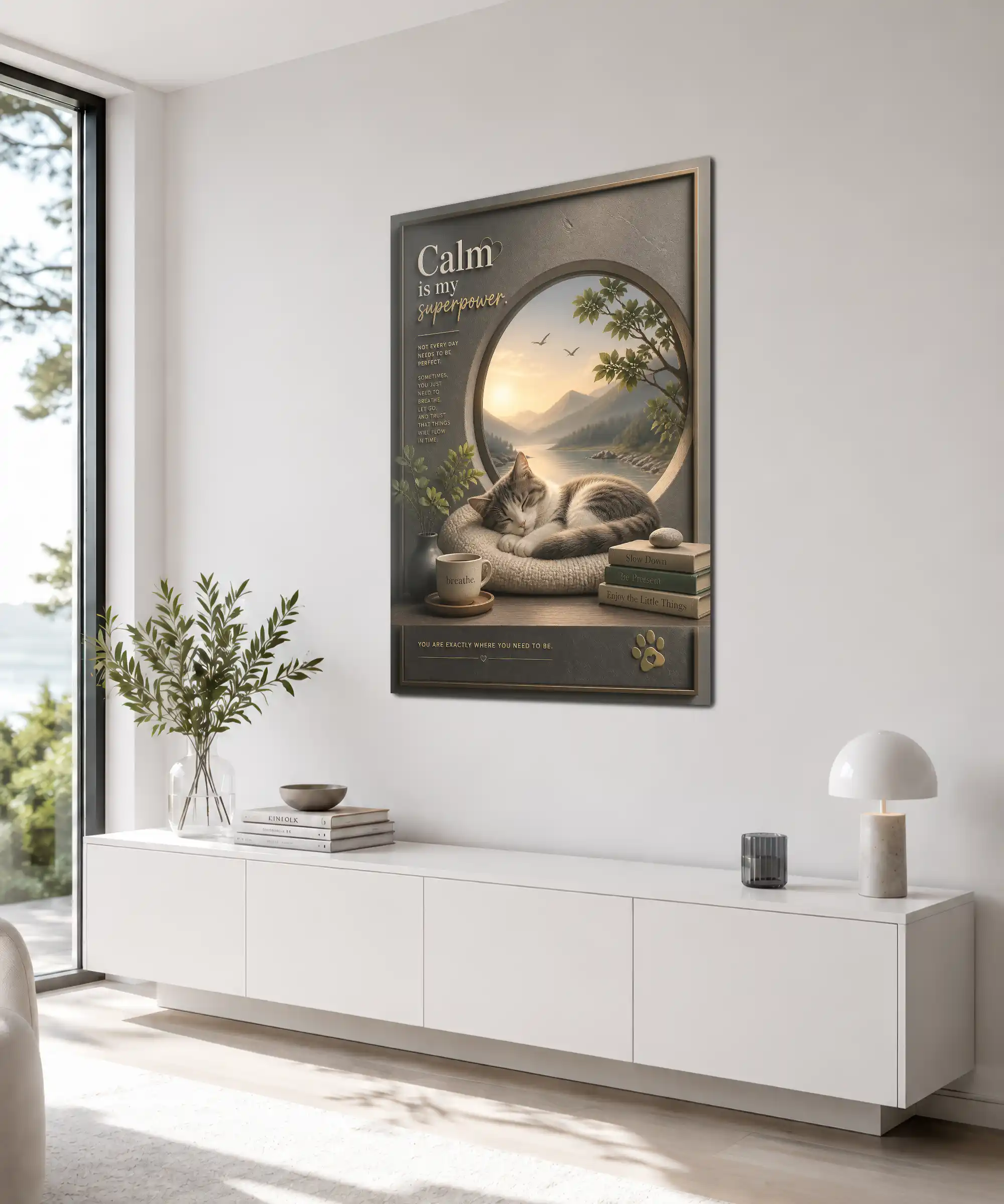 Calm Cat Aesthetic Poster 4 painting Angled cat wall art displayed indoors with lake view, tea, books, and calming quote