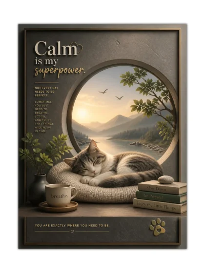 Sleeping tabby cat poster with mountain lake, tea, books, and calm motivational text