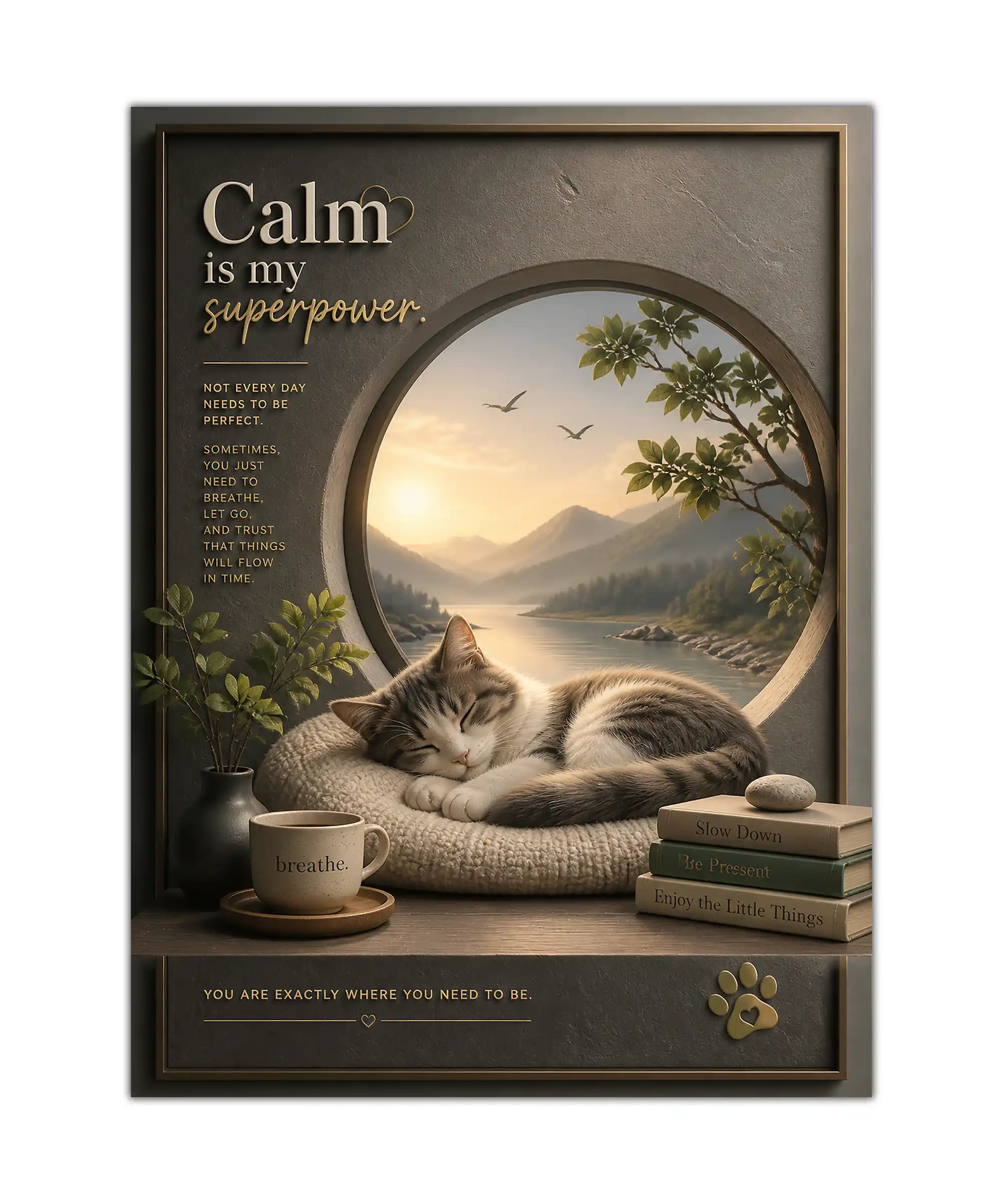 Calm Cat Aesthetic Poster 1 painting Sleeping tabby cat poster with mountain lake, tea, books, and calm motivational text