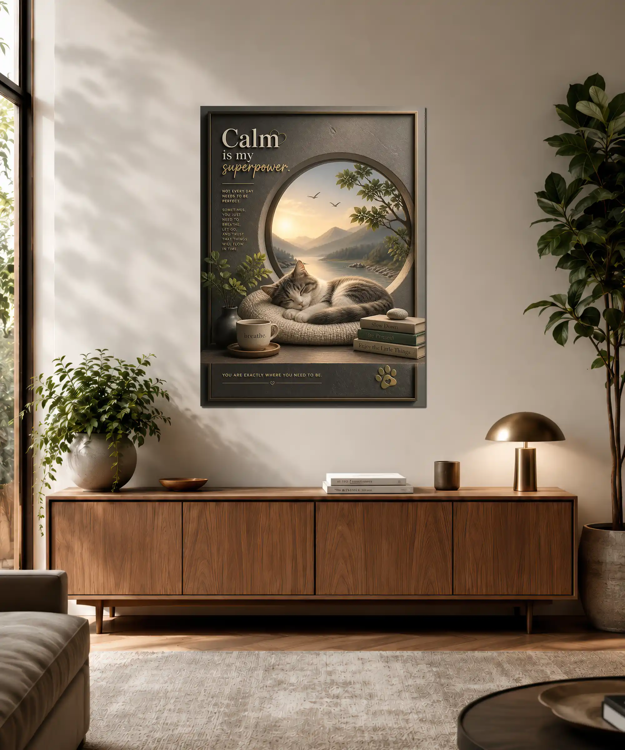 Calm Cat Aesthetic Poster 3 painting Calm cat poster displayed in a cozy interior with mountain landscape and soft decor