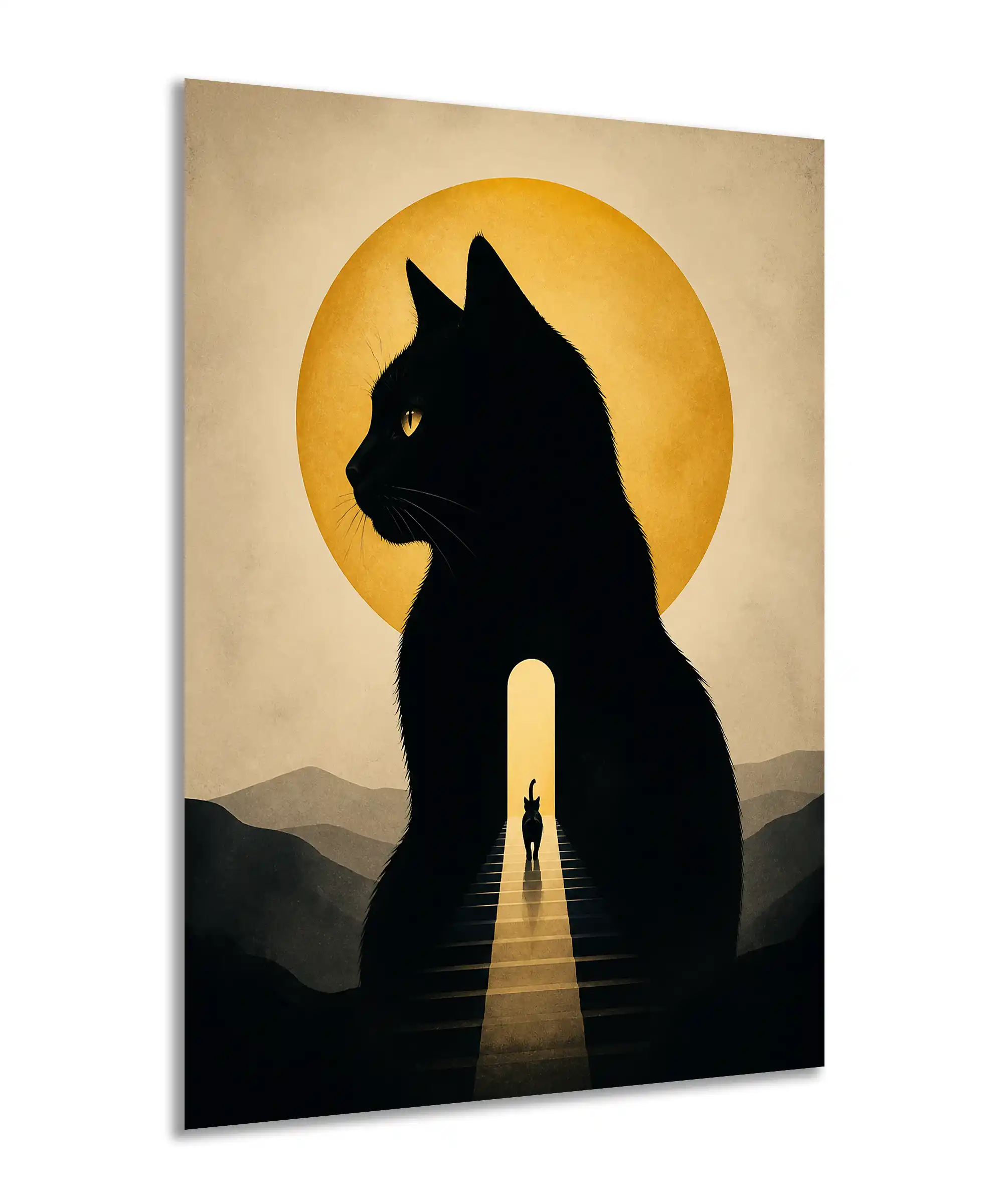 Moonlit Cat Surreal Poster 2 painting Angled black cat wall poster showing a golden moon and symbolic mountain stairway