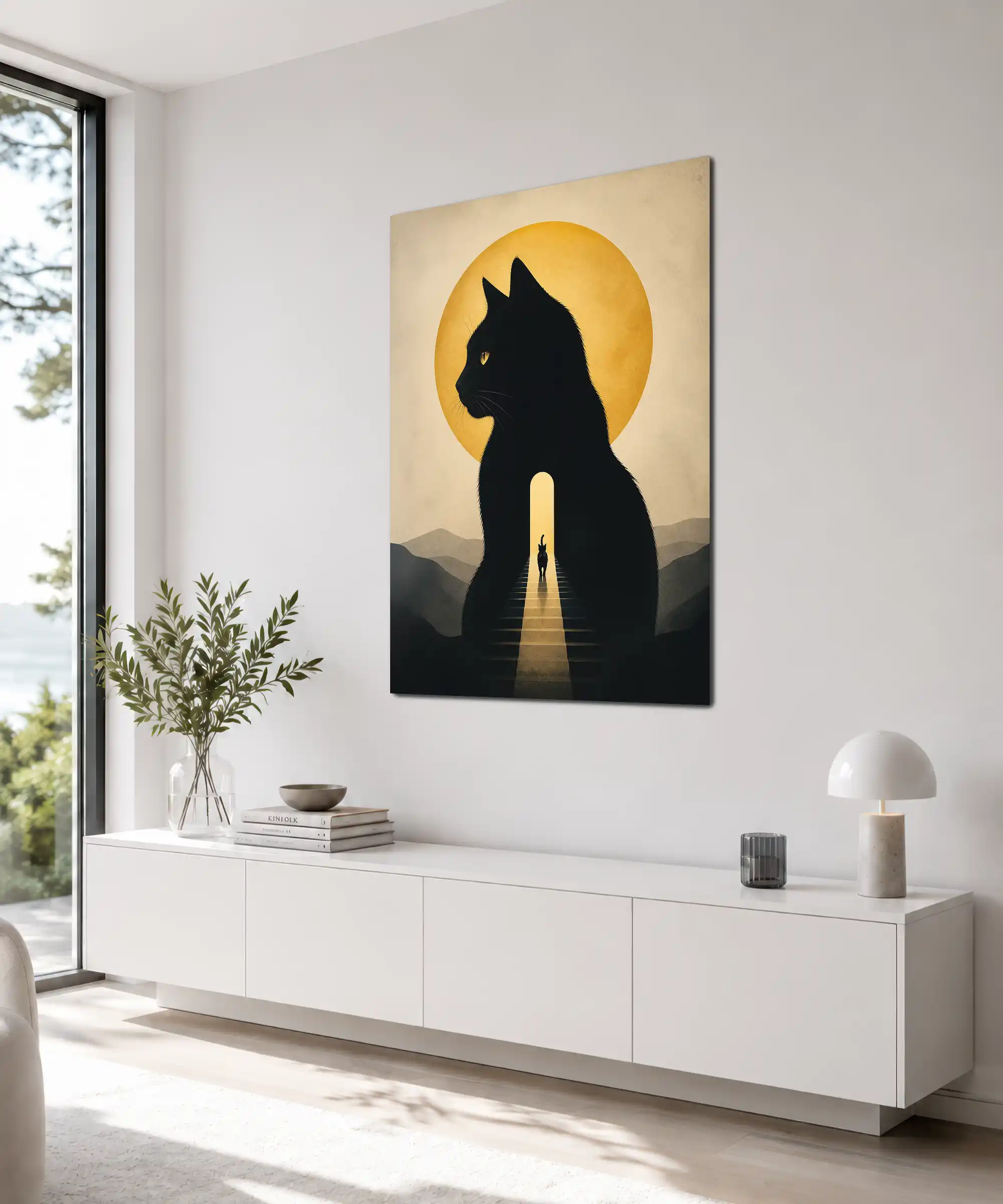 Moonlit Cat Surreal Poster 4 painting Angled moonlit cat poster displayed indoors with a glowing stairway and dark landscape
