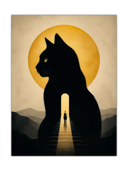 Black cat silhouette poster with golden moon, mountain shadows, and a glowing stairway